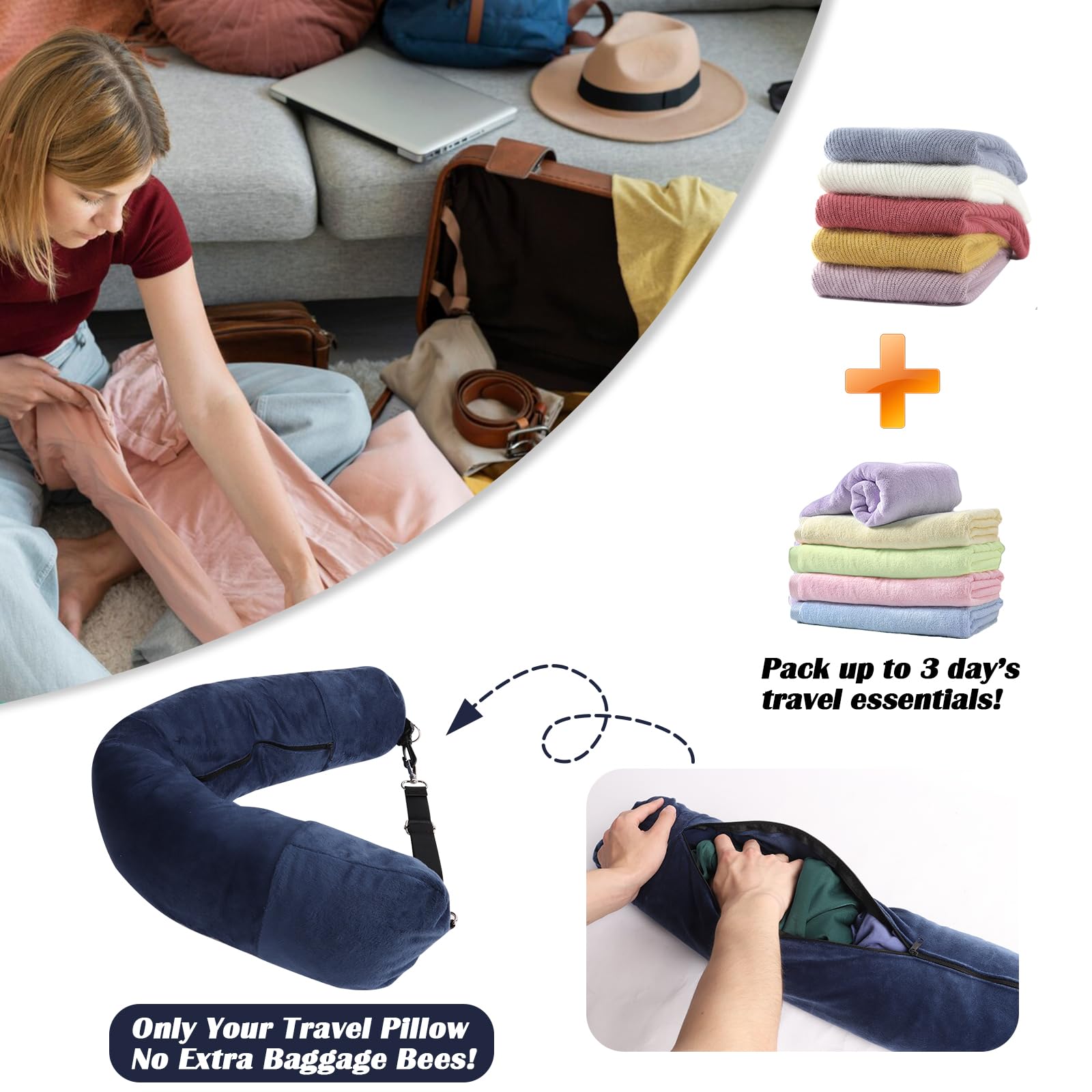 Guittly Memory Foam Travel Neck Pillow for Airplane, Car & Office - Adjustable & Washable with Removable Cover - Blue - Perfect for Long Flights, Road Trips & Work Breaks