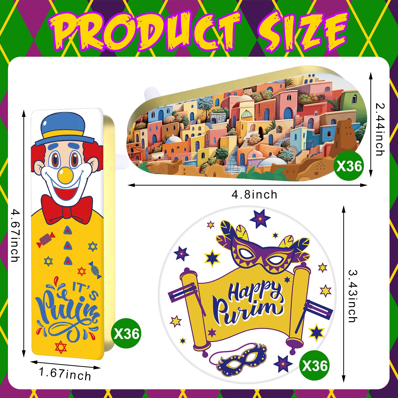 144 Pack Bulk Metal Purim Gragger Noisemakers - Assorted Shapes for Purim Celebrations, Jewish Holidays, Parties & Festive Events