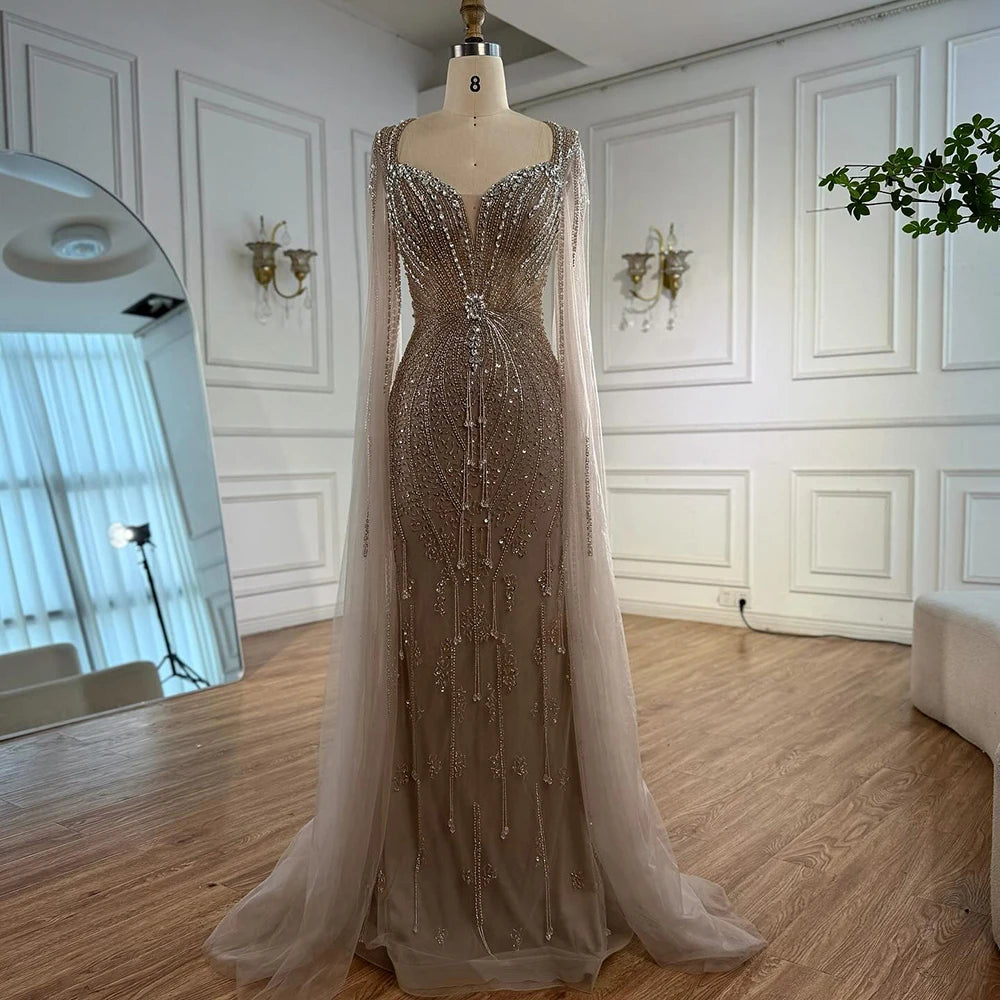 Elegant Beige Beaded Evening Dress with Cape Sleeves - LA72992 | Formal Gown for Prom, Wedding & Special Occasions