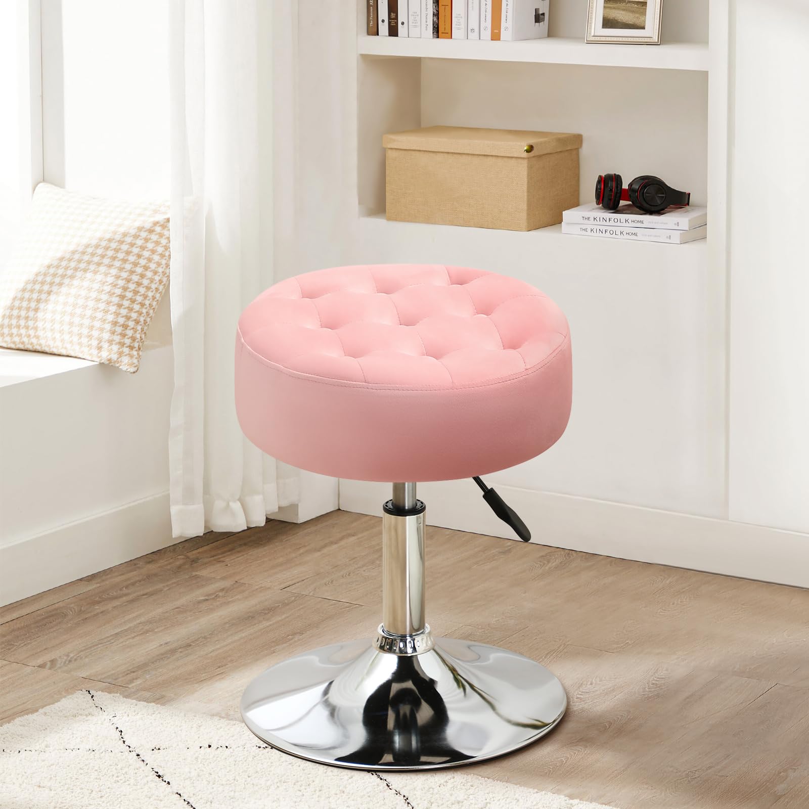 Furniliving Mid-Century Velvet Tufted Makeup Vanity Stool with 360° Swivel - Adjustable Modern Large Vanity Chair for Bedroom, Living Room & Bathroom - Soft Pink Velvet Upholstery | Perfect for Dressing Tables, Makeup Stations & Home Decor