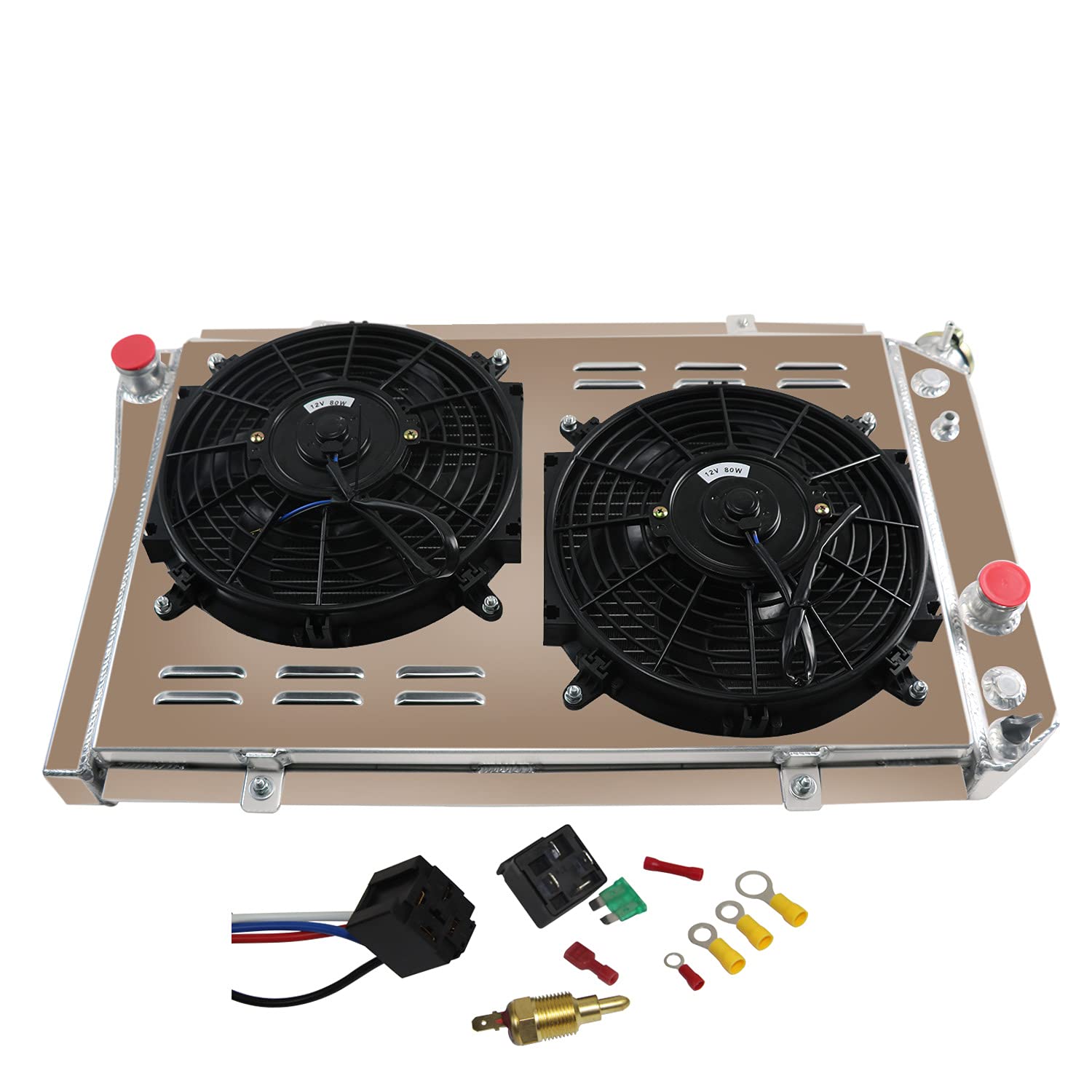ECMRAD 3 Row Aluminum Radiator for 1982-2002 Chevy S10/S-10 Blazer V8 Swap & 1984-1990 Chevy Corvette 5.7L V8 - Includes Shroud Fans & Relay Kit - High Performance Cooling for Off-Road, Racing & Daily Driving