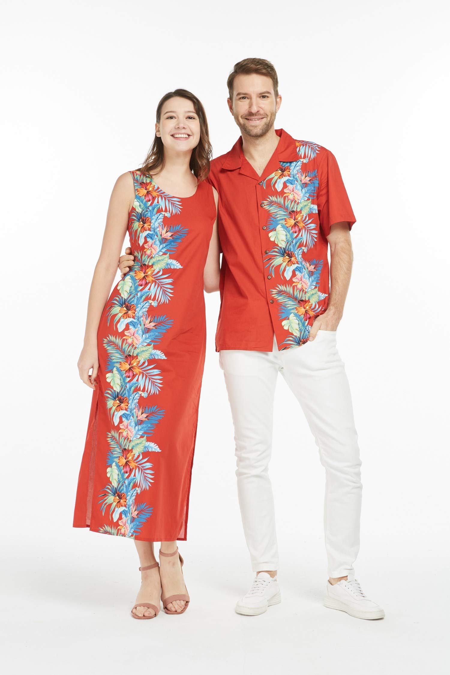 **Matching Couple Hawaiian Luau Aloha Shirt & Maxi Tank Dress - Orchid Paradise Navy Print - Beach Vacation, Summer Party, Tropical Theme Outfits**