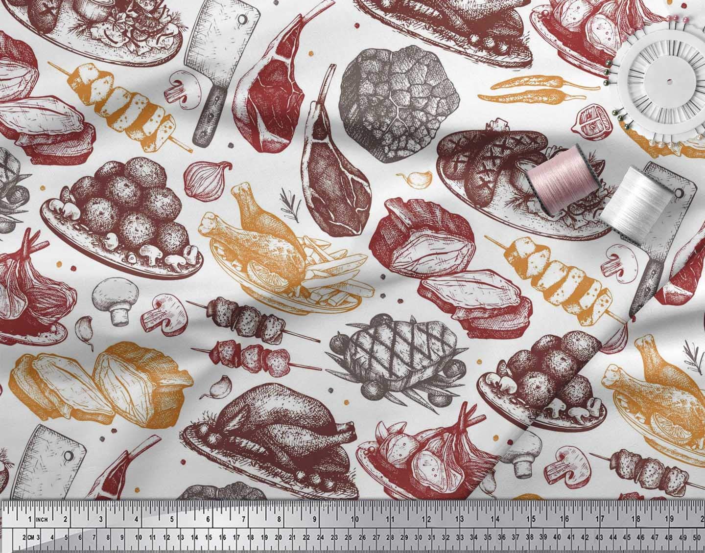 Soimoi Rayon Fabric - 56 Inch Wide Non-Vegetarian Dishes & Bread Print Material for Sewing, Quilting, and DIY Crafts | Perfect for Table Runners, Aprons, and Kitchen Decor