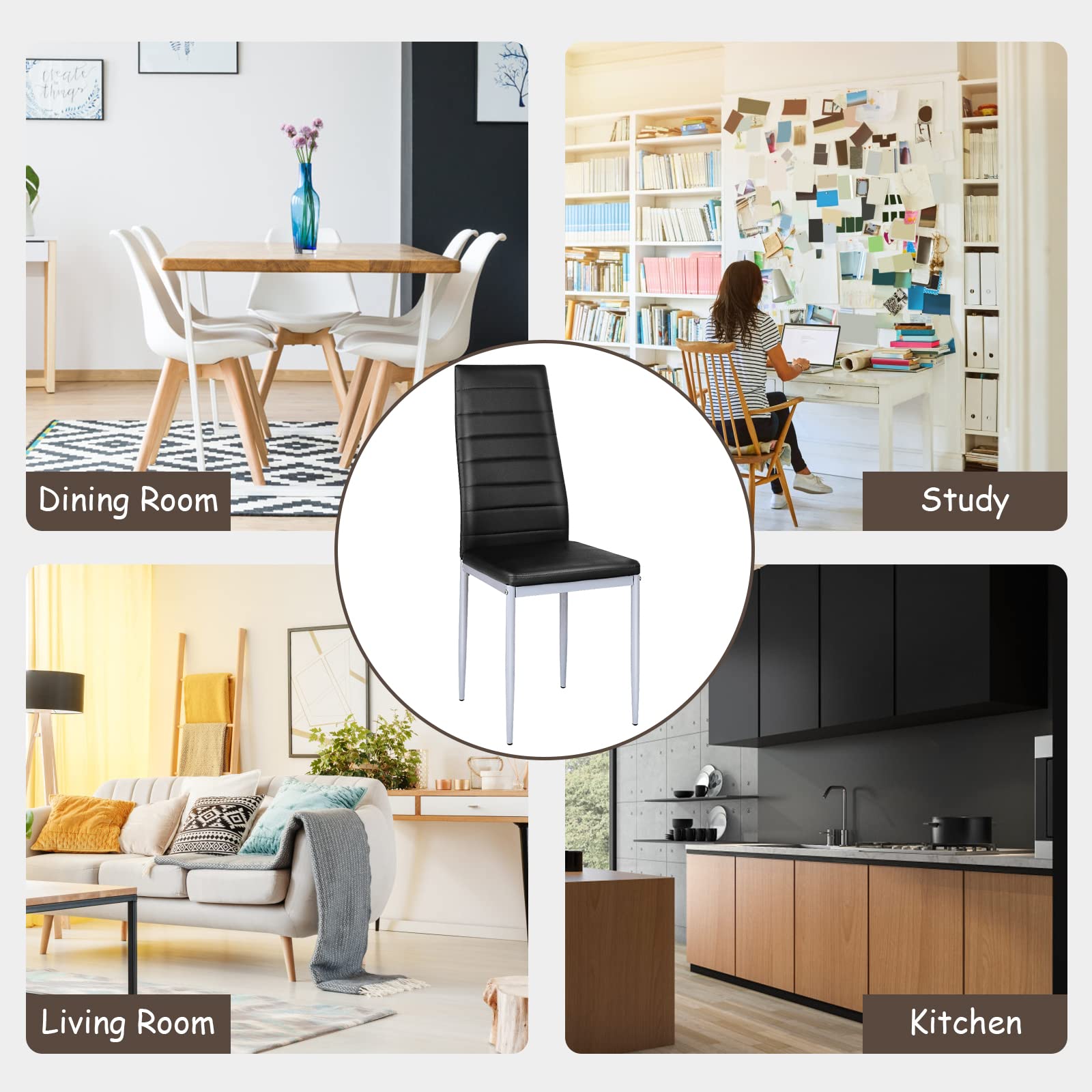 KOTEK PU Leather Dining Chairs Set of 4 - Ergonomic High Back Upholstered Side Chairs with Sturdy Steel Frame - Perfect for Kitchen, Dining Room, Restaurant & Office Use (Black)