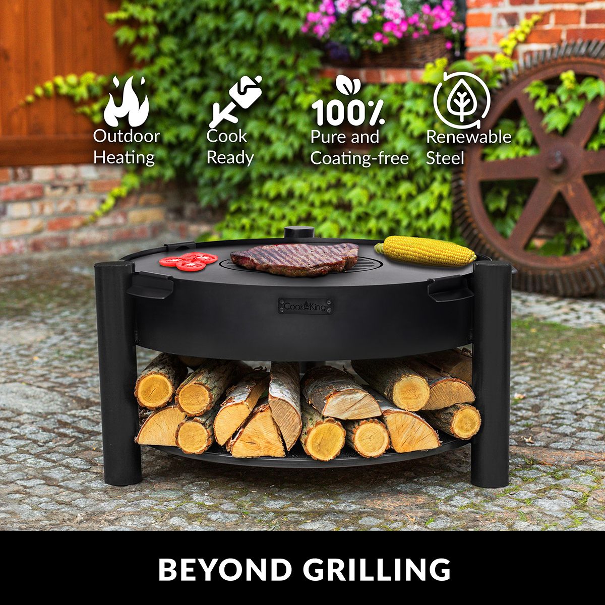 Montana 24 Inch Outdoor Fire Pit with Removable Grill Plate - Perfect for Backyard Camping, BBQ Parties & Patio Gatherings