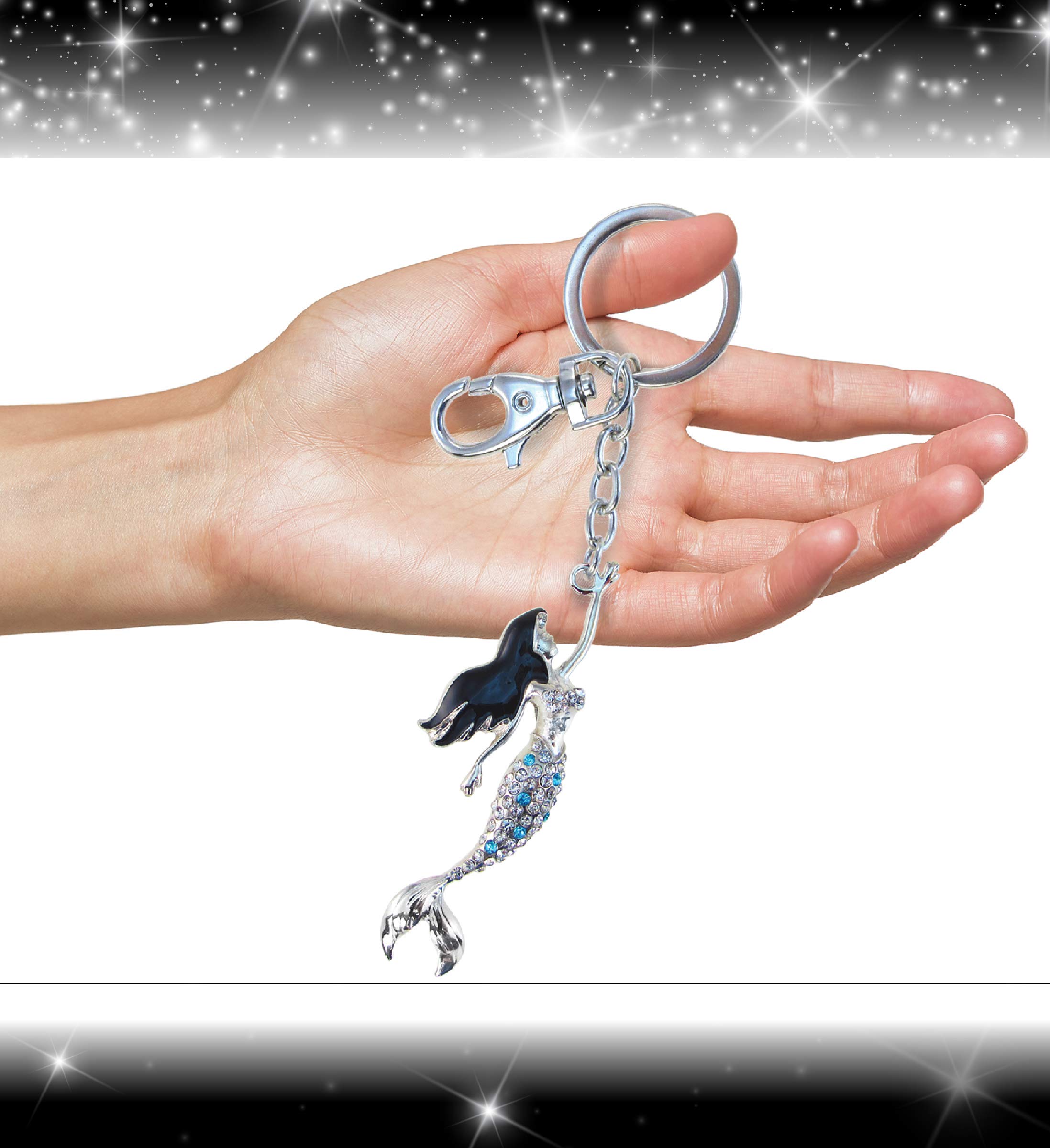 Aqua79 Mermaid Keychain - Silver 3D Sparkling Charm Rhinestone Keyring, Fashionable Alloy Jewelry Accessory with Clasp, Perfect for Gifts, Purse Decor & Backpack Accessories