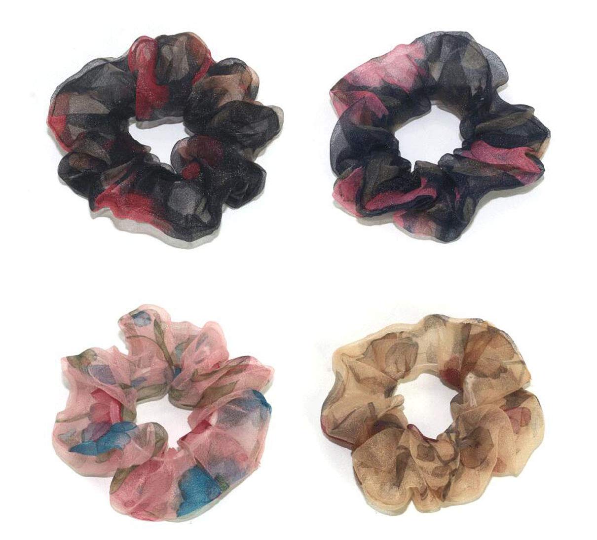 4 Pack Women's Fashion Chiffon Tulle Elastic Hair Bands - Soft Ponytail Holders, Hair Rings & Scrunchies for Women & Girls (Perfect for Work, Gym, Party & Everyday Use)