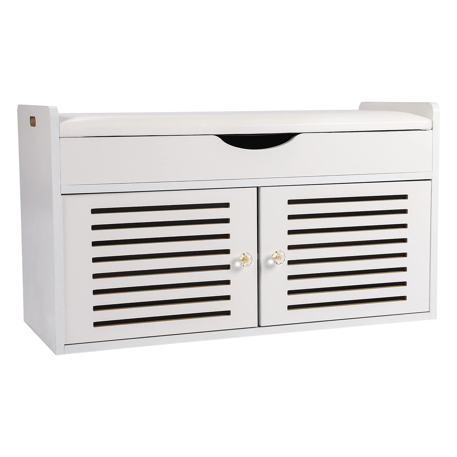 JCONMCN White Wooden Shoe Cabinet with 2 Doors - 8-Pair Shoe Storage Organizer, Entryway Bench & Shelf, 31.6