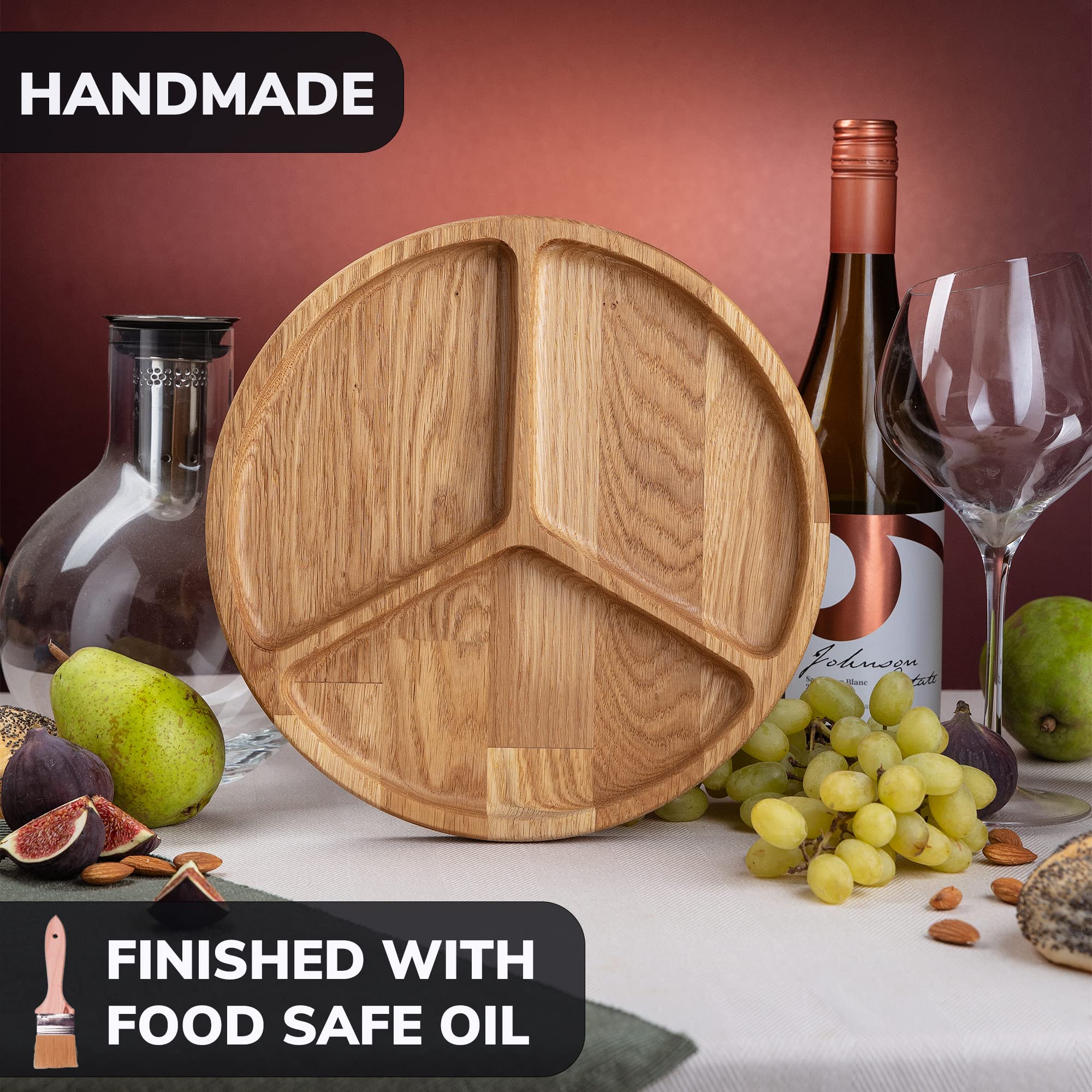 10 Inch Portion Control Plate with Dividers - 3 Section Wooden Dish for Adults - Oak Compartment Plate for Healthy Eating & Weight Management - Perfect for Meal Prep, Portion Control, and Balanced Diets