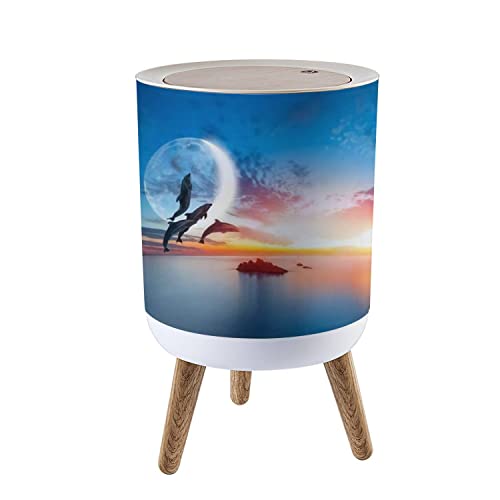 Dolphin Silhouette Small Trash Can with Lid - 1.8 Gallon Round Press Cover Garbage Bin, Dog Proof Wastebasket for Kitchen, Bathroom & Living Room - Perfect for Coastal Decor, Beach House or Ocean Theme Rooms