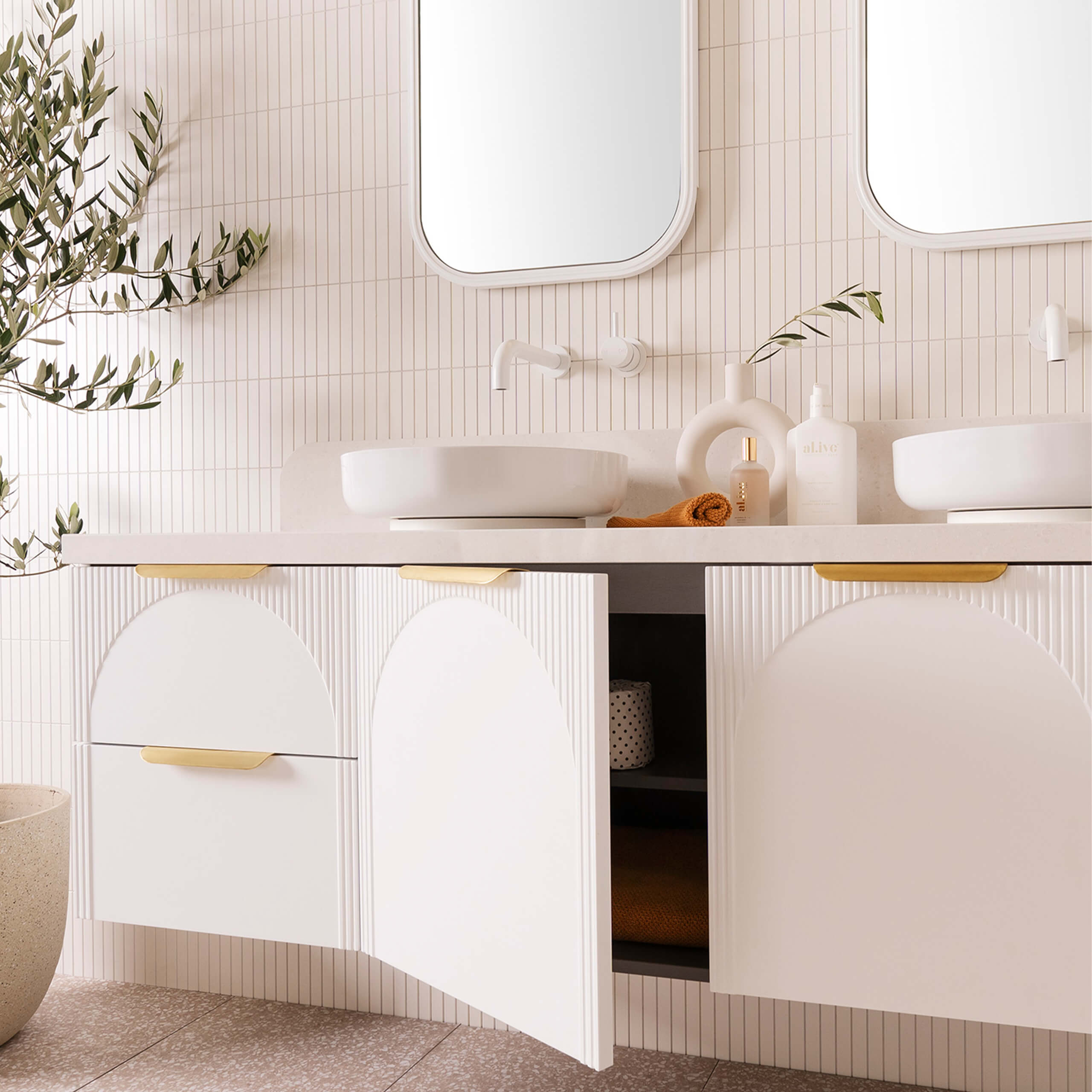 Premium Solid Surface Wall Mounted Vanity with Drawer - Cherry Pie Finish for Bathroom & Powder Room | Space-Saving Modern Bathroom Storage Solution