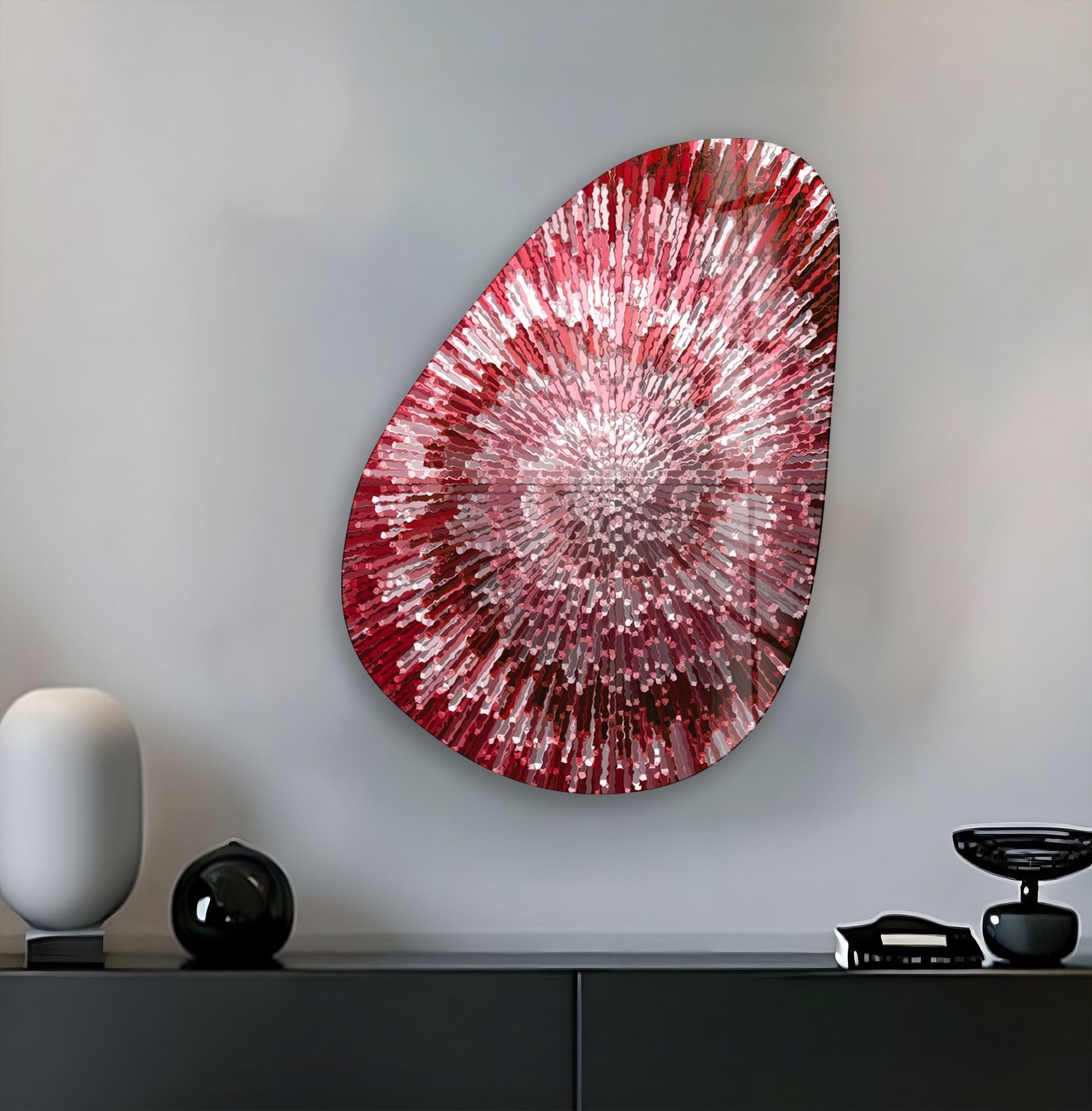 Abstract Red Asymmetrical Oval Glass Wall Art - Modern Home Decor for Living Room, Bedroom & Office
