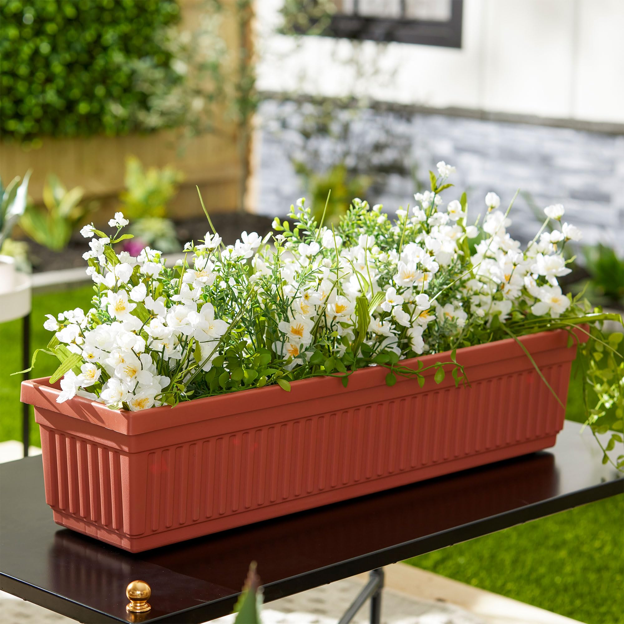HC Companies 30 Inch Long Fluted Venetian Garden Window Planter Box - Indoor Outdoor Flower, Vegetable & Succulent Planters - Clay Rectangular Container (3 Pack) for Balcony, Patio, Windowsill Gardening Decor