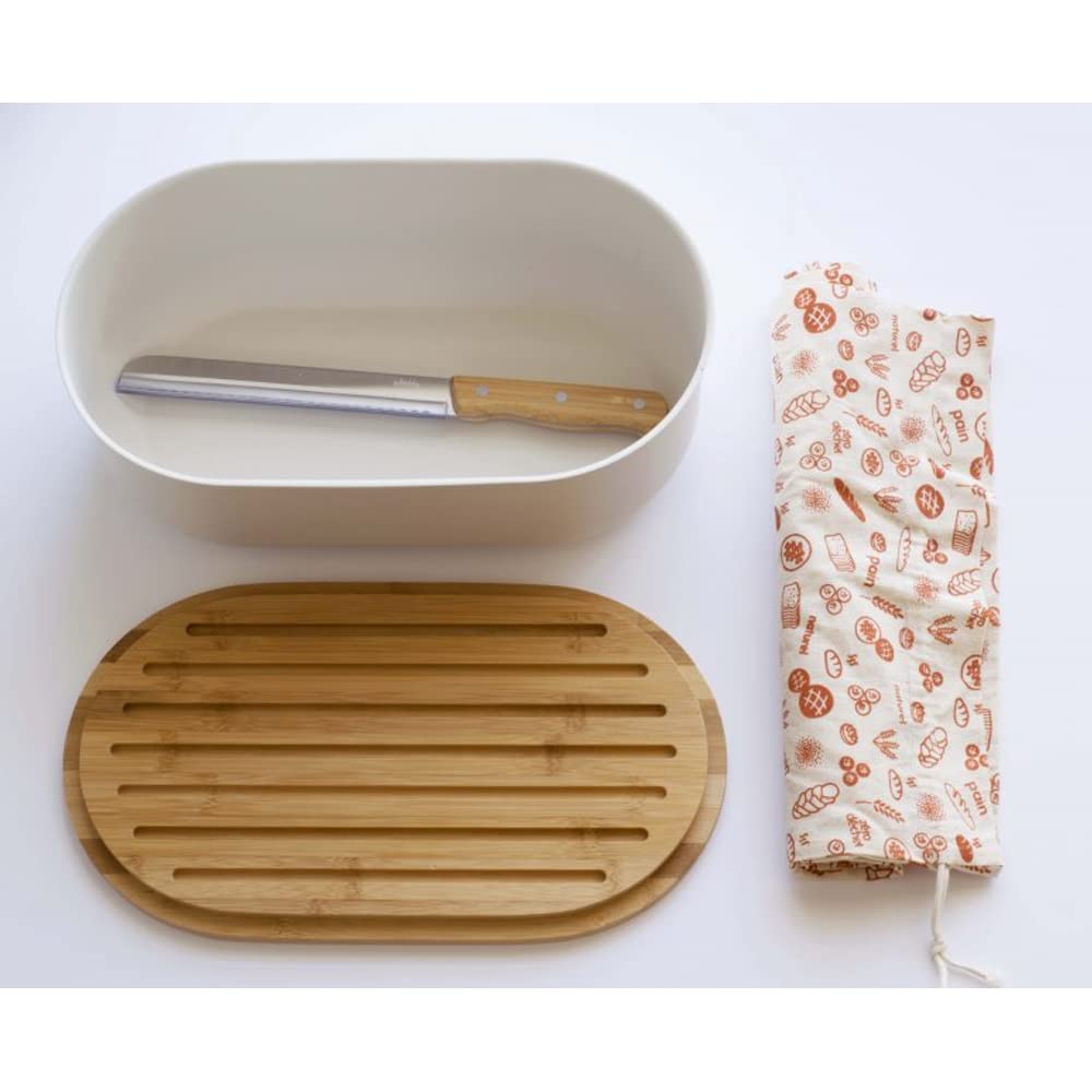 NBA150 4-in-1 Bamboo Bread Bin with Cream - Perfect for Kitchen Storage, Bread Box, Countertop Organizer & Home Decor