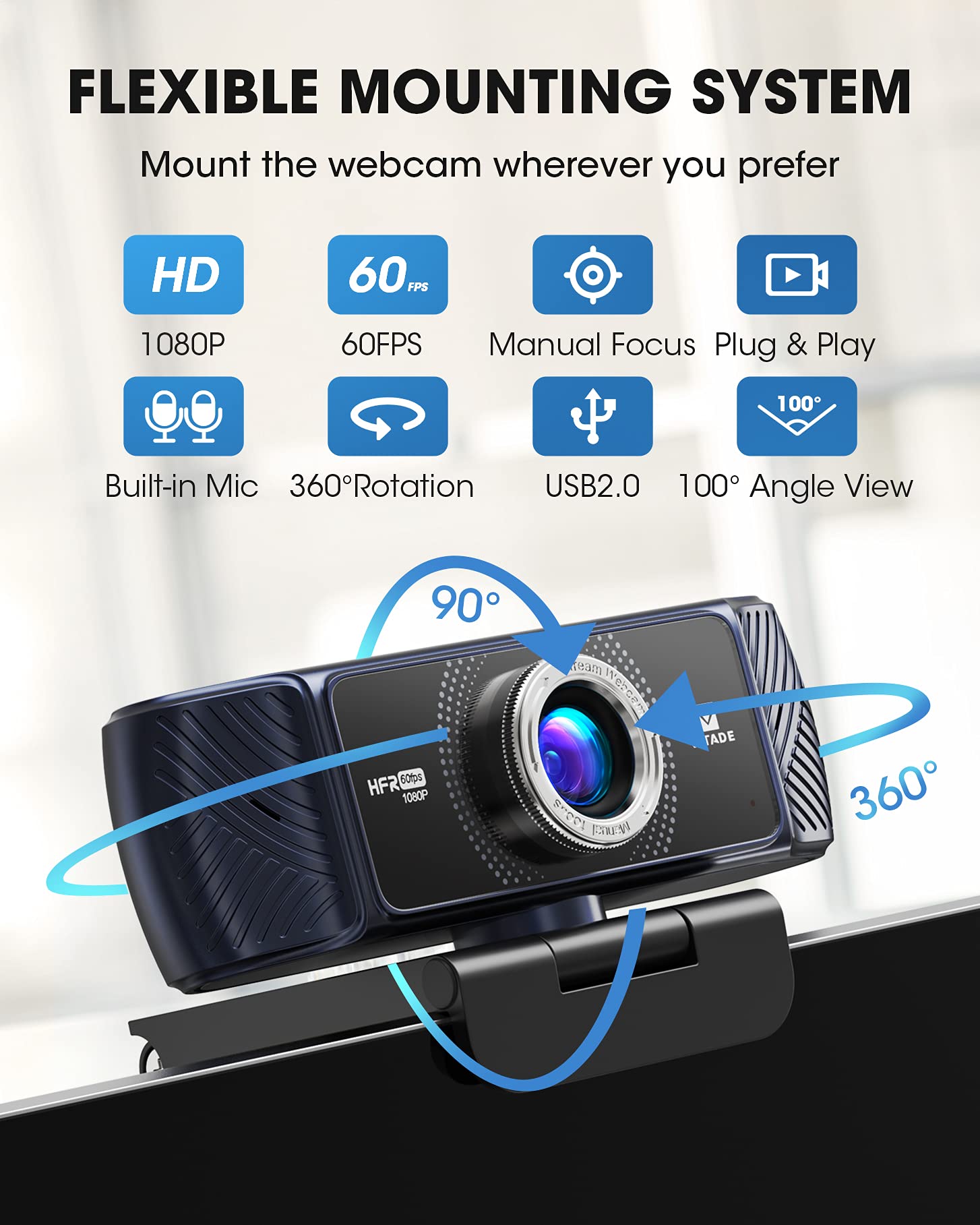 Vitade 682H Pro HD Webcam 1080P 60fps with Built-in Microphone - USB Computer Camera for Streaming, Gaming, Video Conferencing (Mac/Windows/PC/Laptop/Xbox) - Perfect for Skype, OBS, Twitch, YouTube & Xsplit Live Streaming
