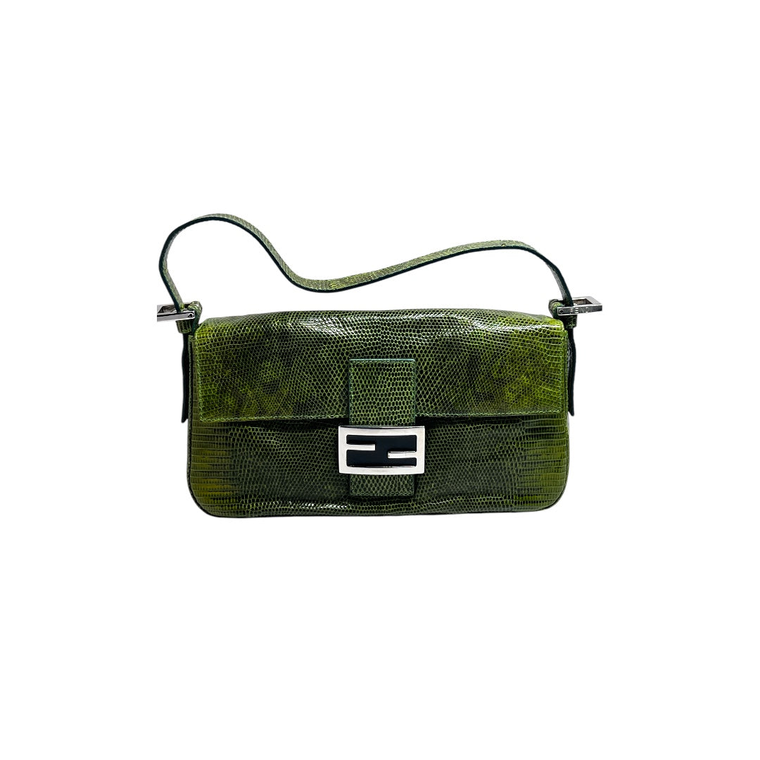 Authentic Vintage Fendi Green Lizard Skin Baguette Handbag - Luxury Designer Crossbody Purse for Women, Perfect for Evening Parties & Special Occasions