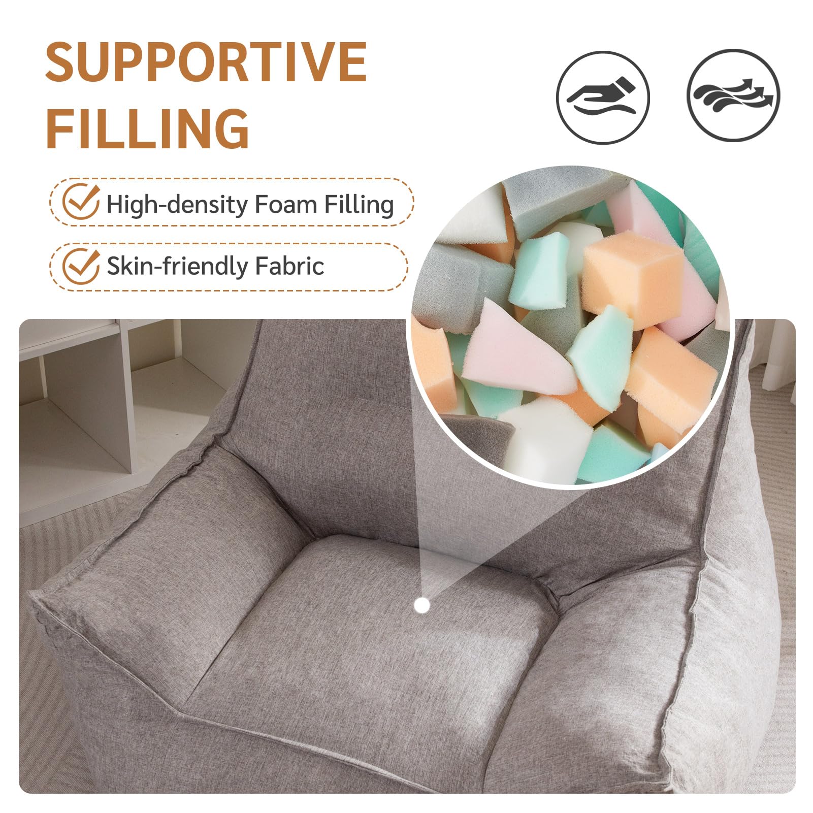 MAXYOYO Extra Large Bean Bag Chair with Armrests - Oversized Memory Foam Bean Bag Sofa for Adults & Teens, Grey - Perfect for Living Room, Bedroom, Game Room & Dorm Relaxation
