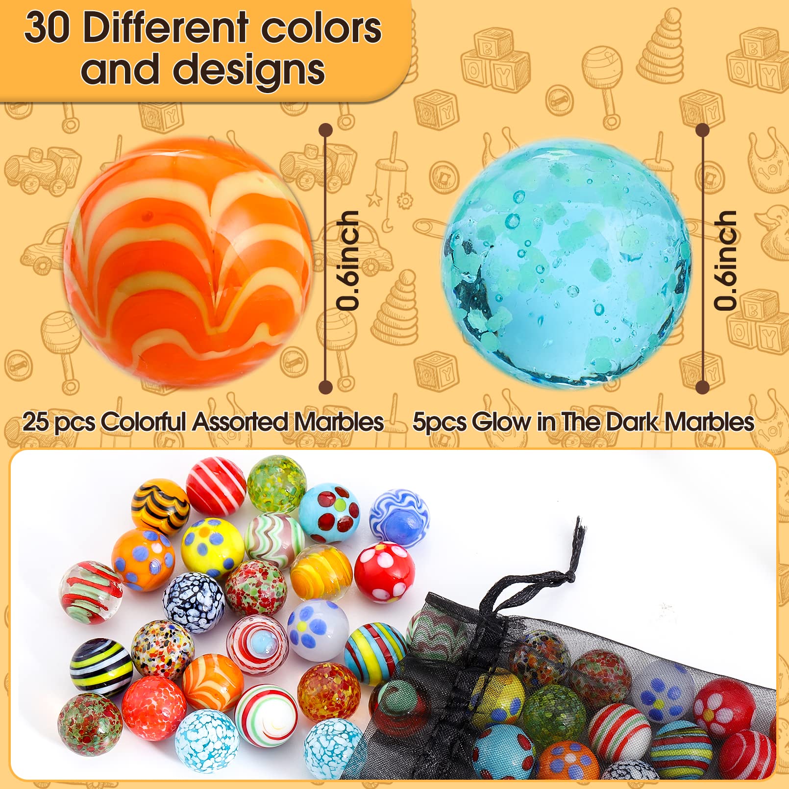 30Pcs Glass Marbles for Kids & Adults - 25 Colorful & 5 Glow in The Dark Marbles (0.6 Inch) - Bulk Marbles for Marble Games, DIY Crafts & Home Decoration - Perfect for Party Favors, Sensory Play & Educational Activities