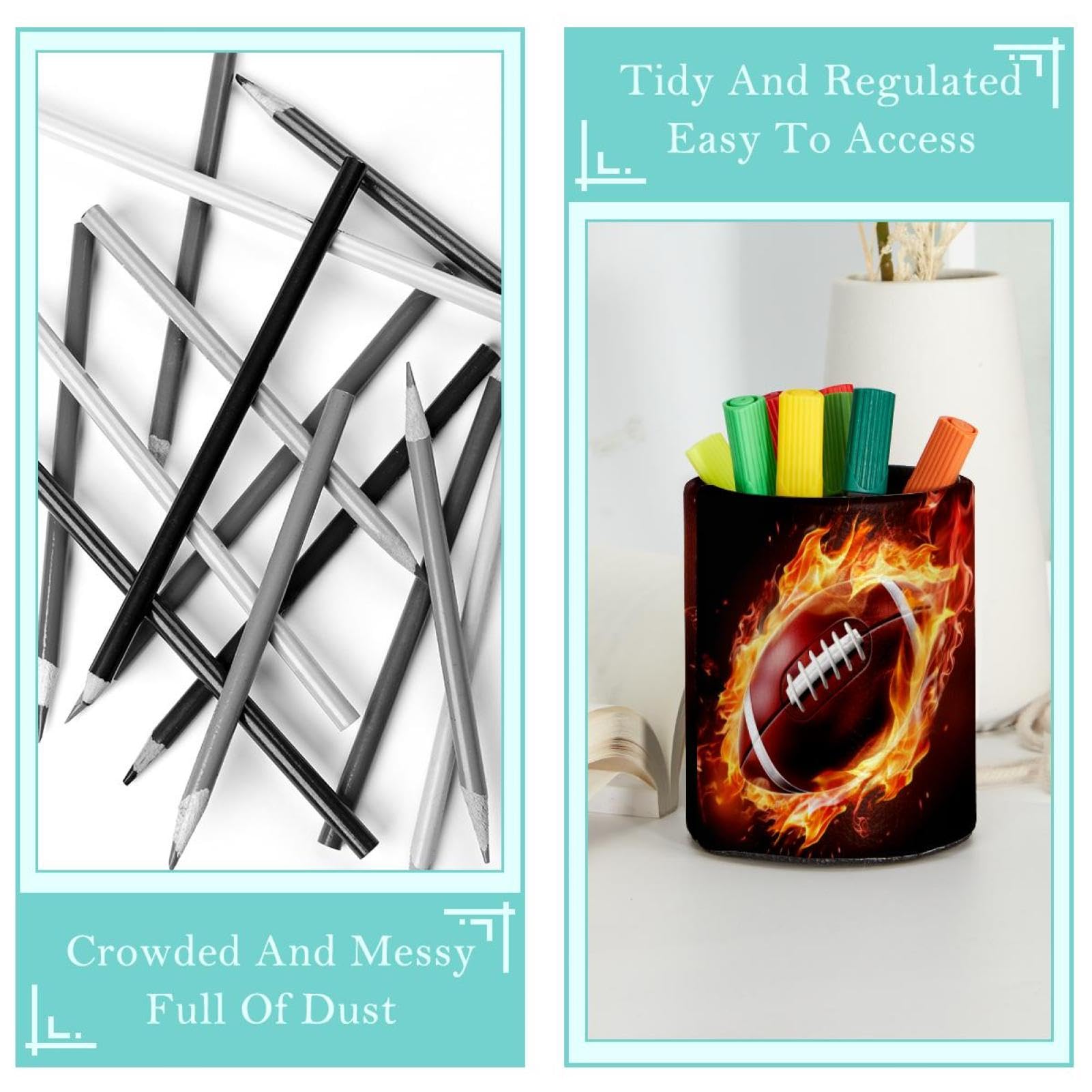 Stylish Pen Holder for Desk - American Football & Fire Themed Pen Organizer - Perfect Desk Accessories for Office, School & Home Use
