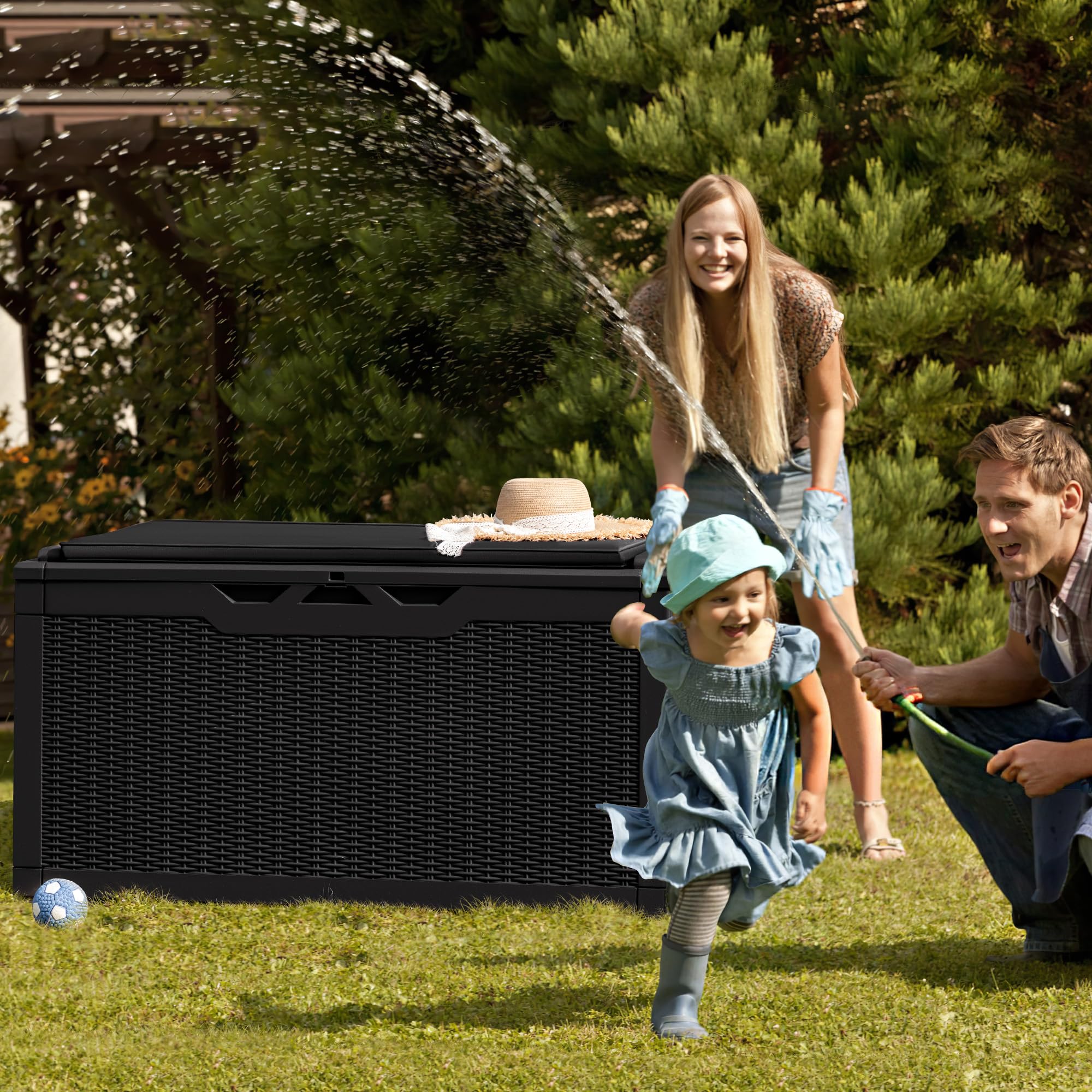 Greesum 100 Gallon Resin Deck Box - Large Outdoor Storage Bench with Cushions for Garden Tools, Patio Furniture, Pool Supplies (Black) - Perfect for Backyard, Deck, and Poolside Organization