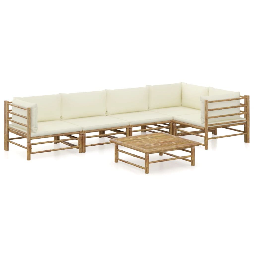 CHARMMA 6-Piece Patio Lounge Set with Cream White Cushions - Bamboo & White Outdoor Furniture (49KG) - Perfect for Garden, Backyard, Poolside Relaxation