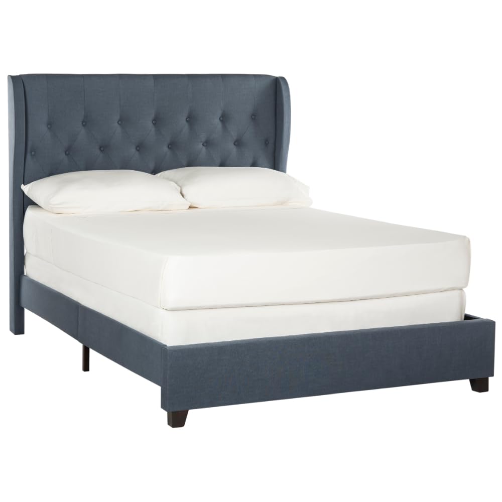 SAFAVIEH Blanchett Navy & Espresso Full Size Bed Frame - Modern Platform Bed with Upholstered Headboard - Perfect for Bedroom, Guest Room & Dorm Decor