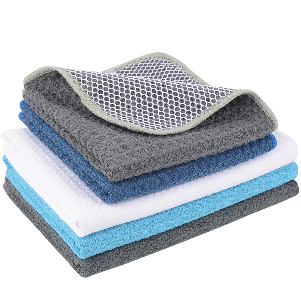 Premium LRIE Dish Towels Set - Absorbent Kitchen & Tea Towels for Washing & Drying Dishes - Essential Cleaning Accessories for Kitchen & Bathroom - Dark Grey, Blue, White - Perfect for Daily Cleaning, Dish Drying, and Counter Wiping