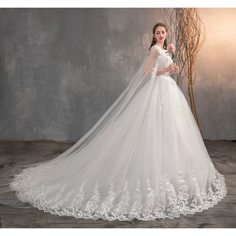 Elegant Long Sleeve Lace Wedding Dress with Long Train & Embroidery - Plus Size Princess Bridal Gown for Church, Beach, or Ballroom Ceremonies