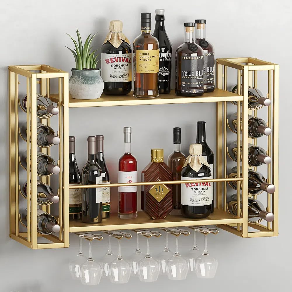 Wall Mounted Wine Rack - Floating Bar Shelf with Glass Holder | Metal Bottle Storage Display for Home Bar in Gold | Perfect for Kitchen, Dining Room & Entertainment Areas
