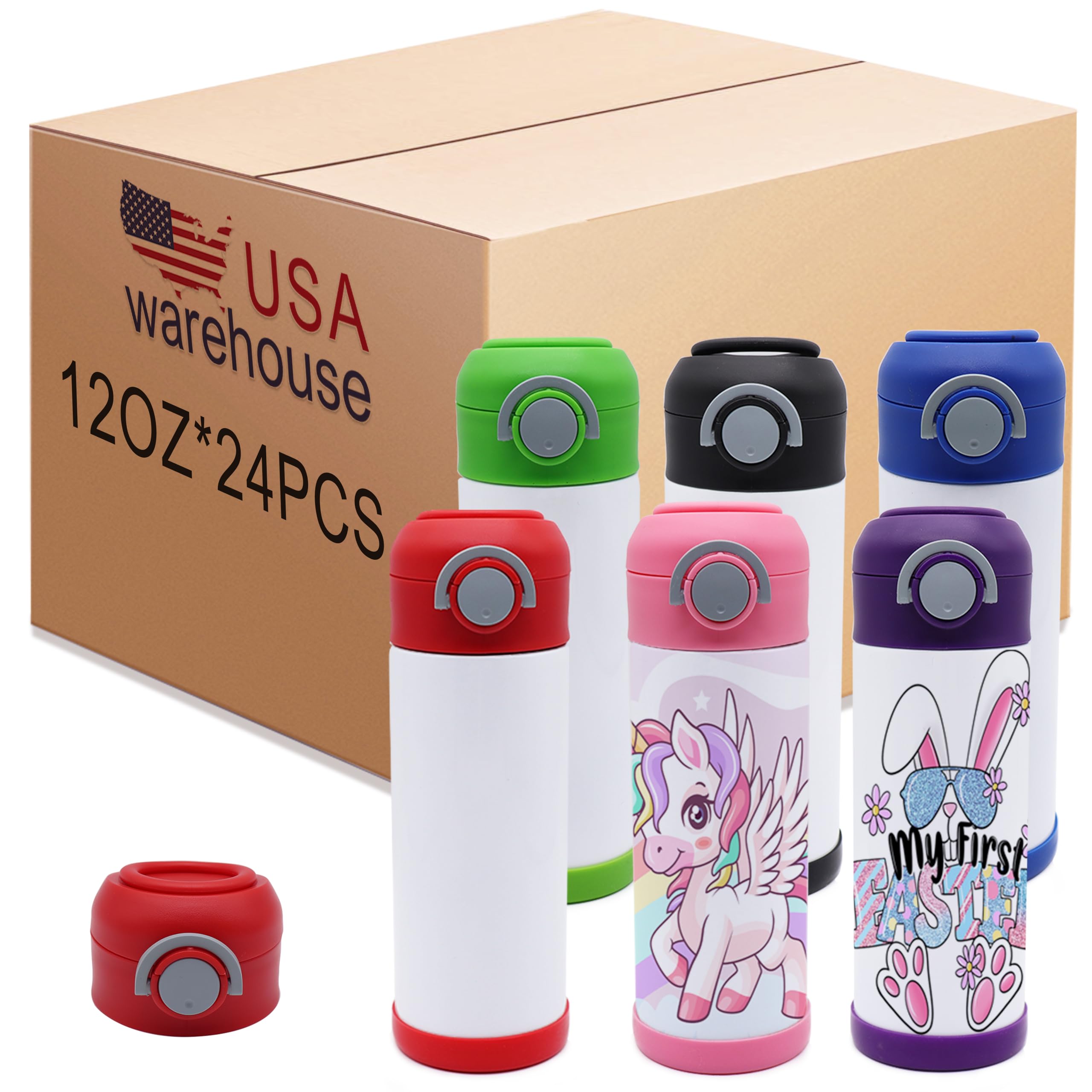 24-Pack Mixed Color 12oz Sublimation Tumblers - Stainless Steel Kids Sippy Cups with Straw & Spill-Proof Lid - Blank Insulated Water Bottles for School, Toddlers & Outdoor Activities