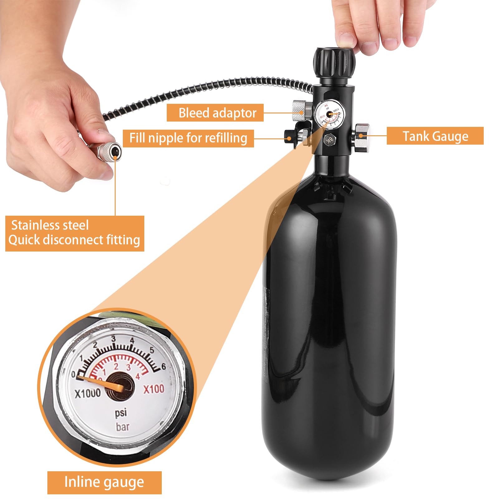 **Premium 98ci/1.6L DOT Certified Carbon Fiber Paintball Tank – 4500 psi PCP Airgun Charging System with Dual Gauge Valve – Lightweight Paintball Fill Station for Outdoor Sports & Airsoft Battles**