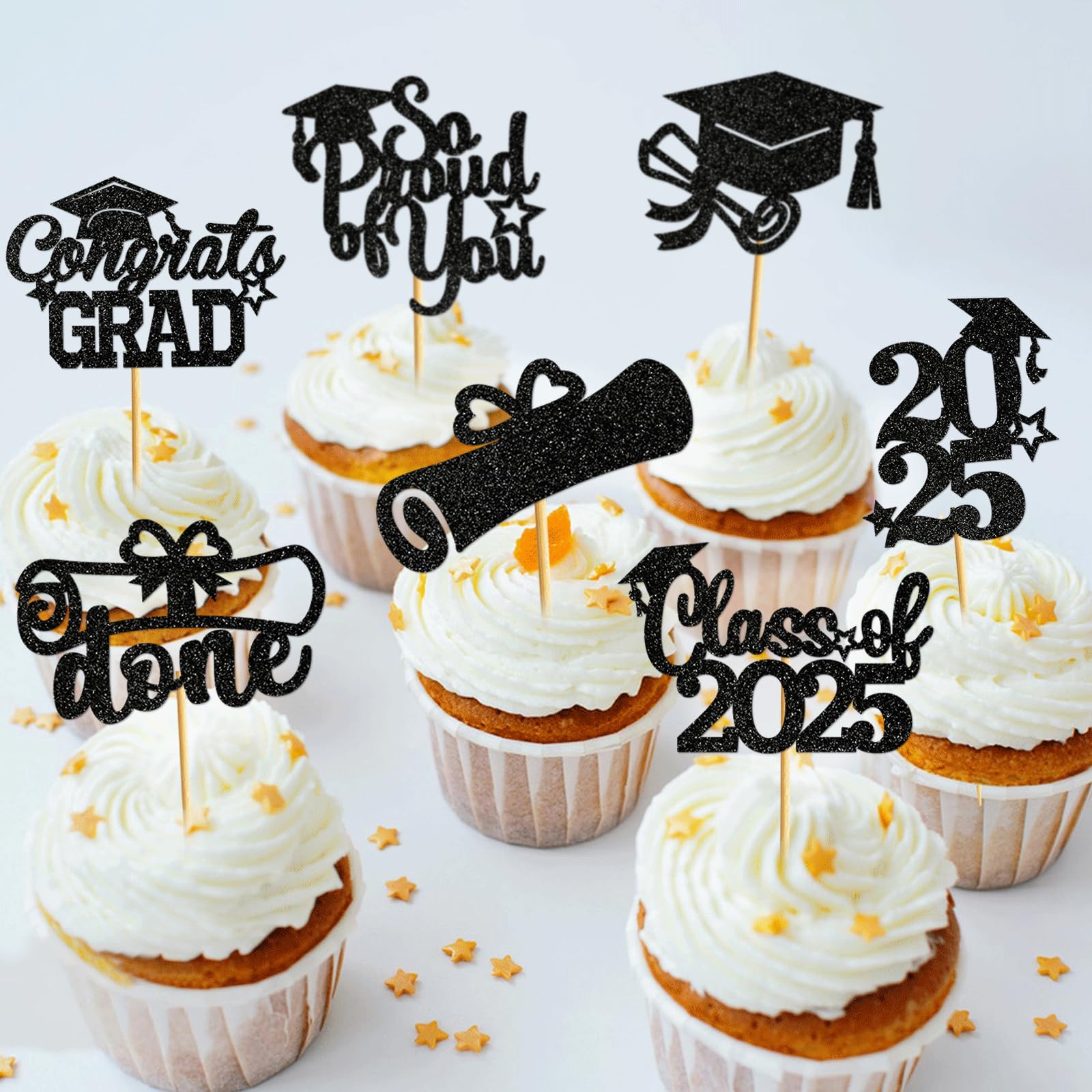 2025 Graduation Cupcake Toppers - 40Pcs Black Glitter Class of 2025 Cupcake Picks - Perfect for Graduation Party Decorations, School Celebrations & Dessert Table Displays