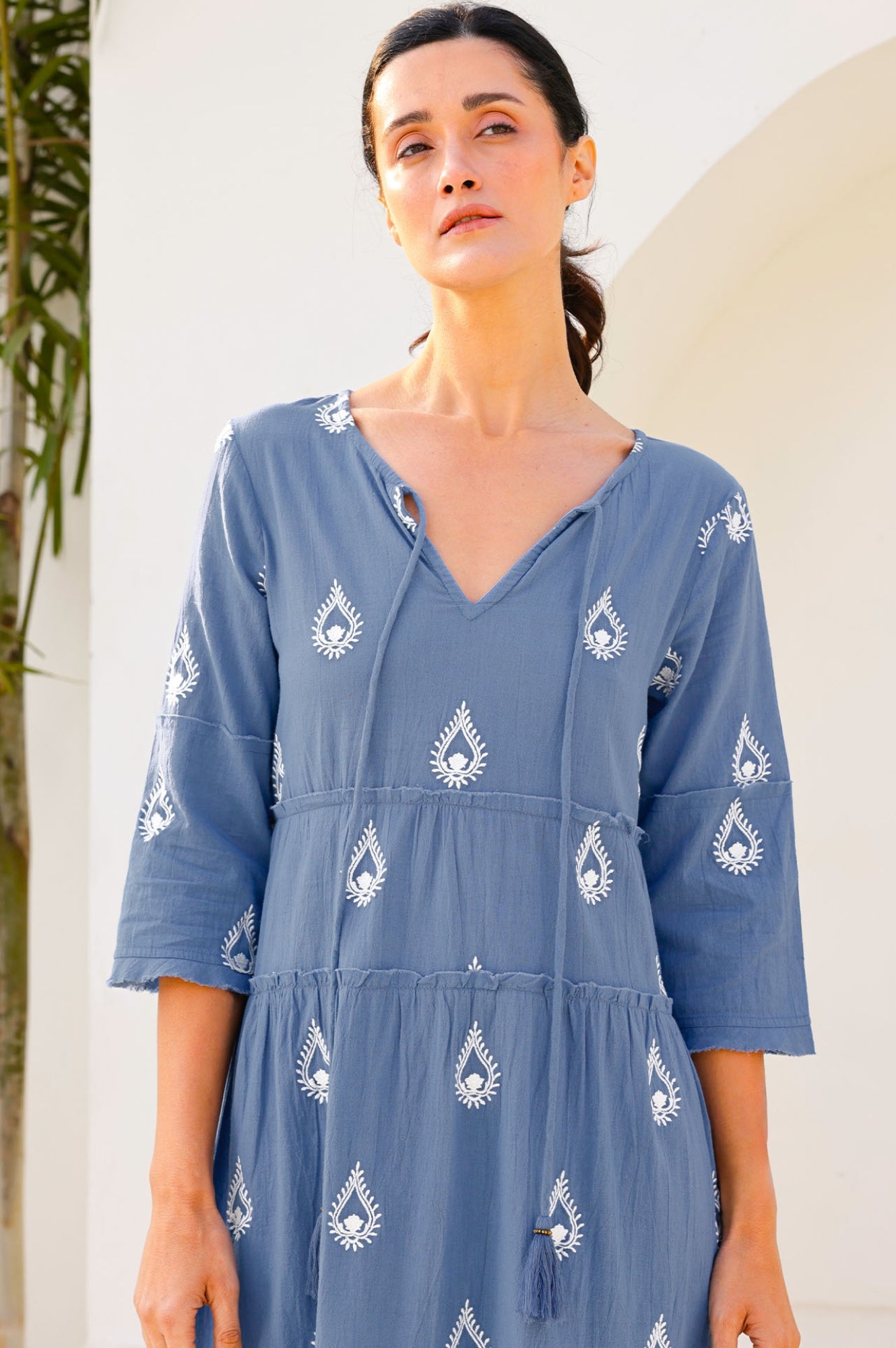 Willow Embroidered Dress for Women - Buta Blue Grey/White Floral Maxi Dress | Boho Chic Summer Dress for Beach, Wedding & Vacation