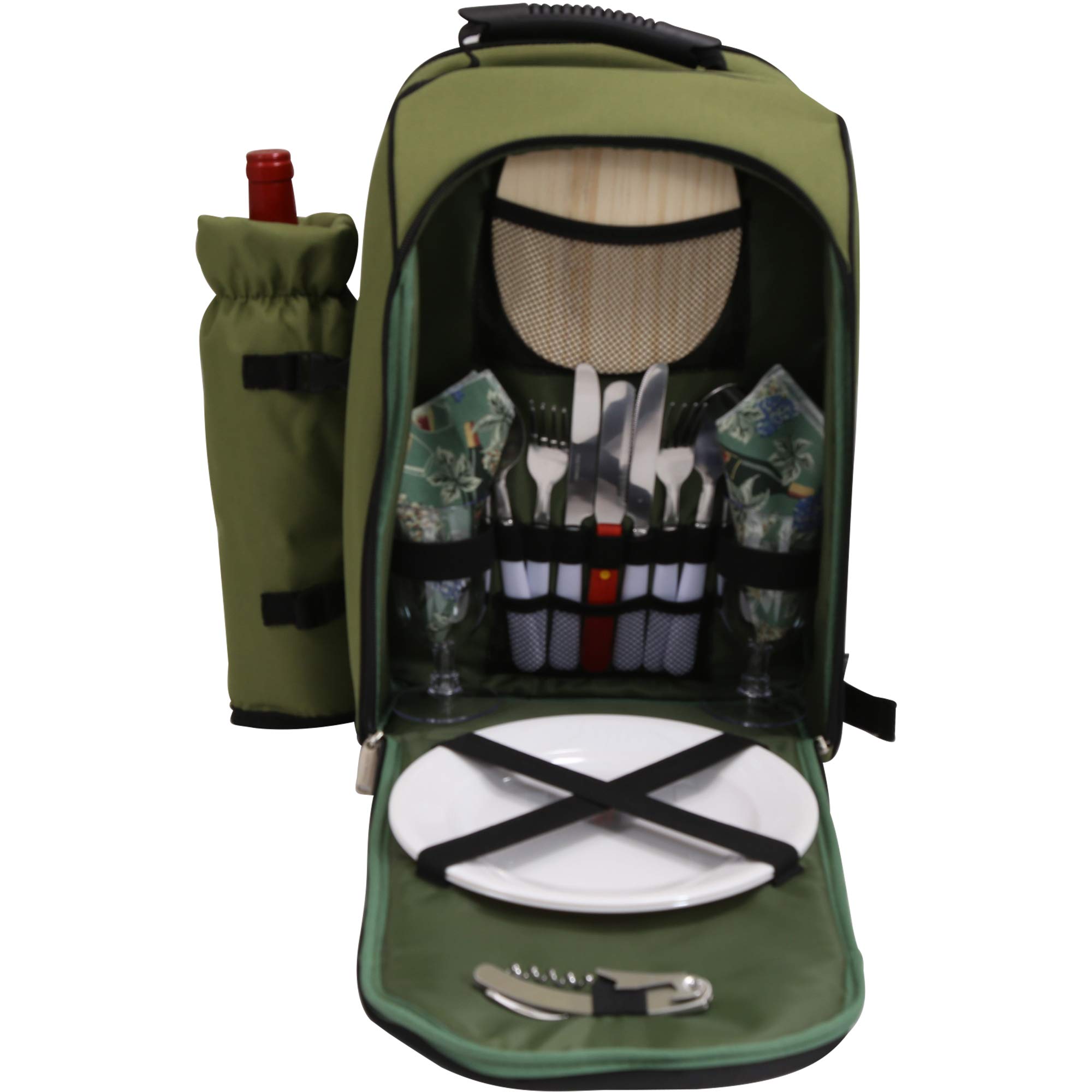 Alpine 2-Person Picnic Backpack with Wine Cooler & Insulated Compartments - Olive Green Outdoor Picnic Set for Couples, Hiking, Beach & Park Dates