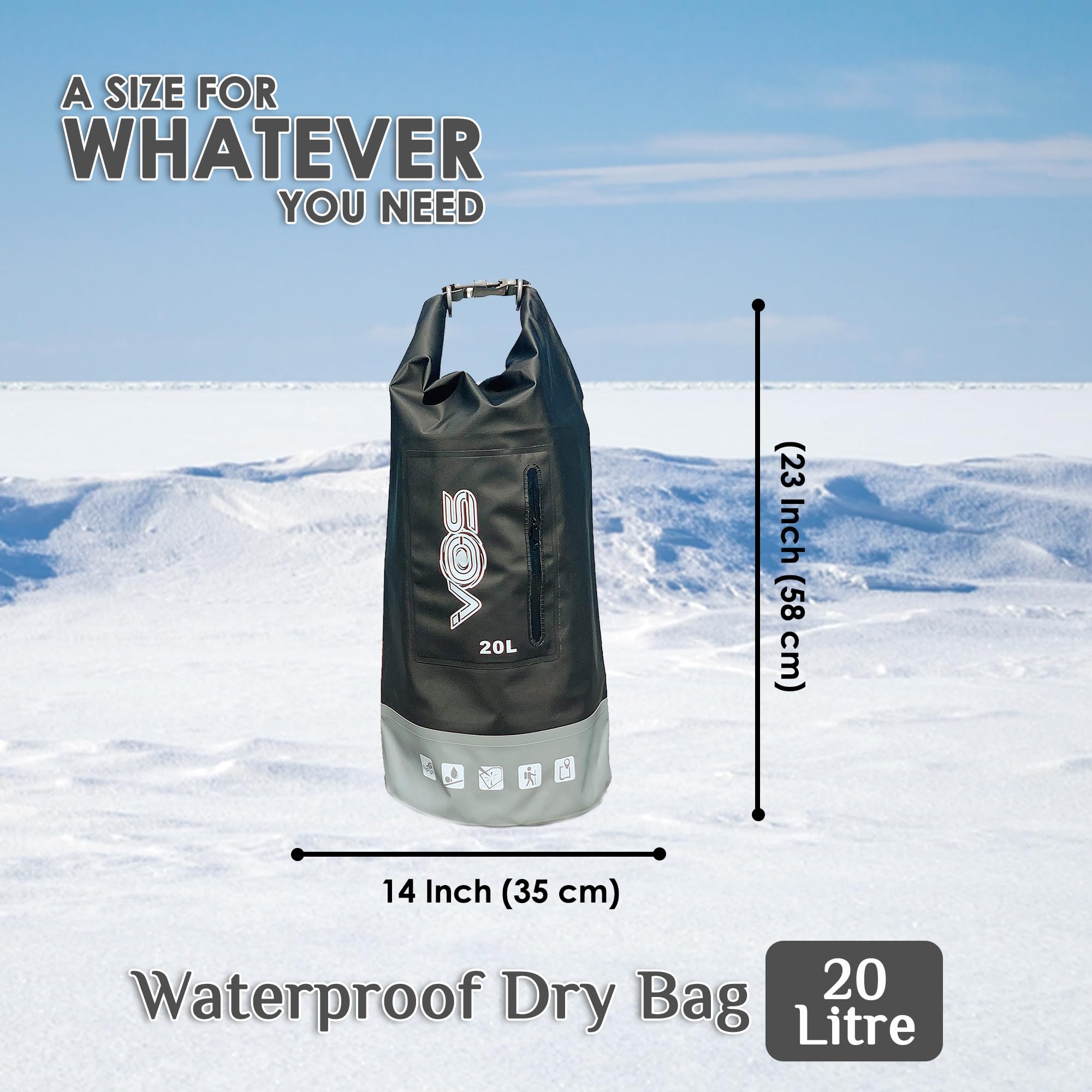 VOS 20L Waterproof Dry Bag – Lightweight Premium Dry Storage Backpack for Travel, Swimming, Boating, Kayaking, Camping & Beach | All-Weather Protection for Outdoor Adventures (Black/Grey)