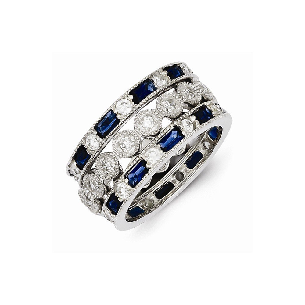 Sterling Silver Triple Band Ring with Blue, White & Clear Circle Center - Elegant Stackable Jewelry for Women, Perfect for Weddings, Parties & Everyday Wear