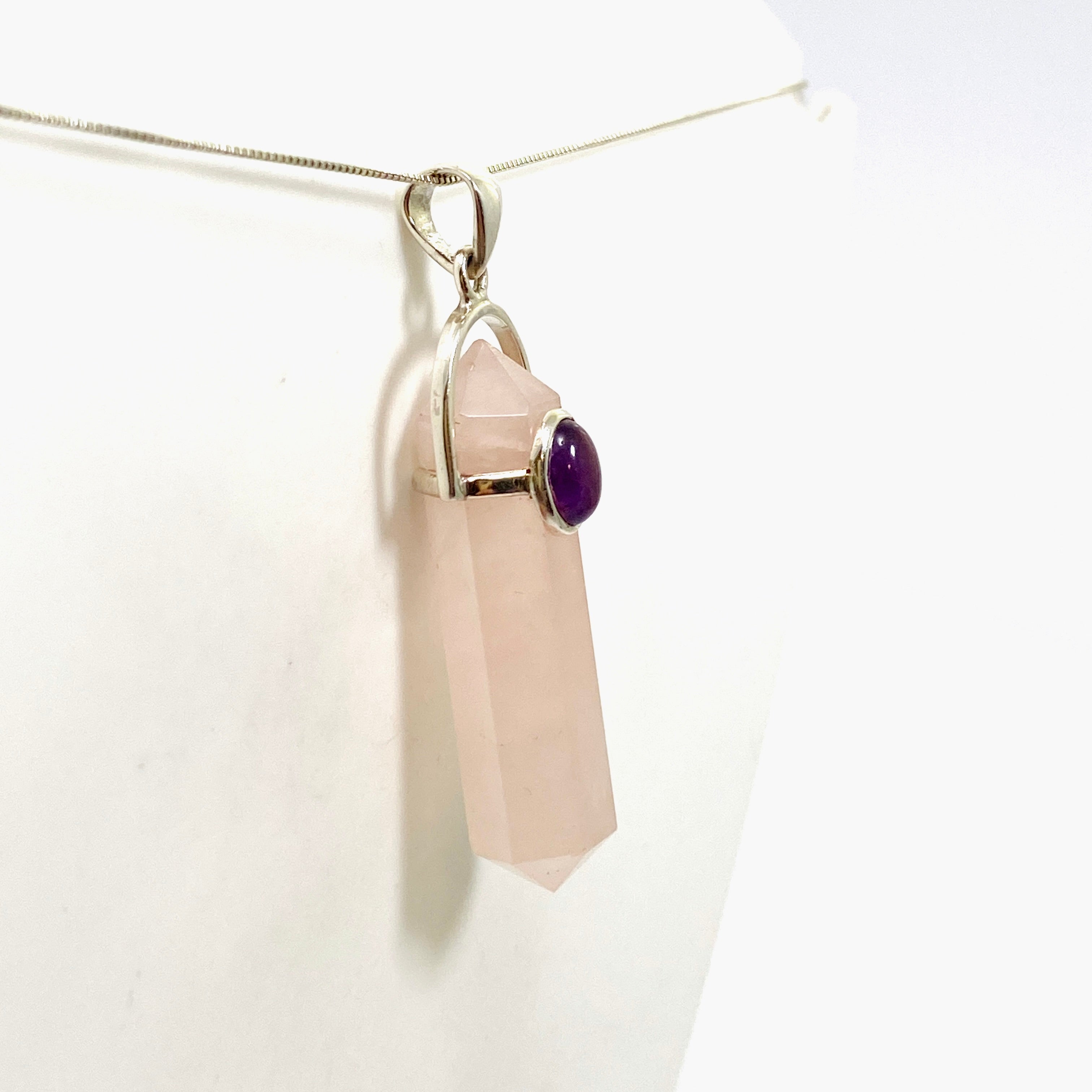 Natural Rose Quartz Double Point Pendant Necklace with Amethyst Accent Stone - PPGJ1023 | Healing Crystal Jewelry for Meditation, Energy Balancing & Spiritual Gifts