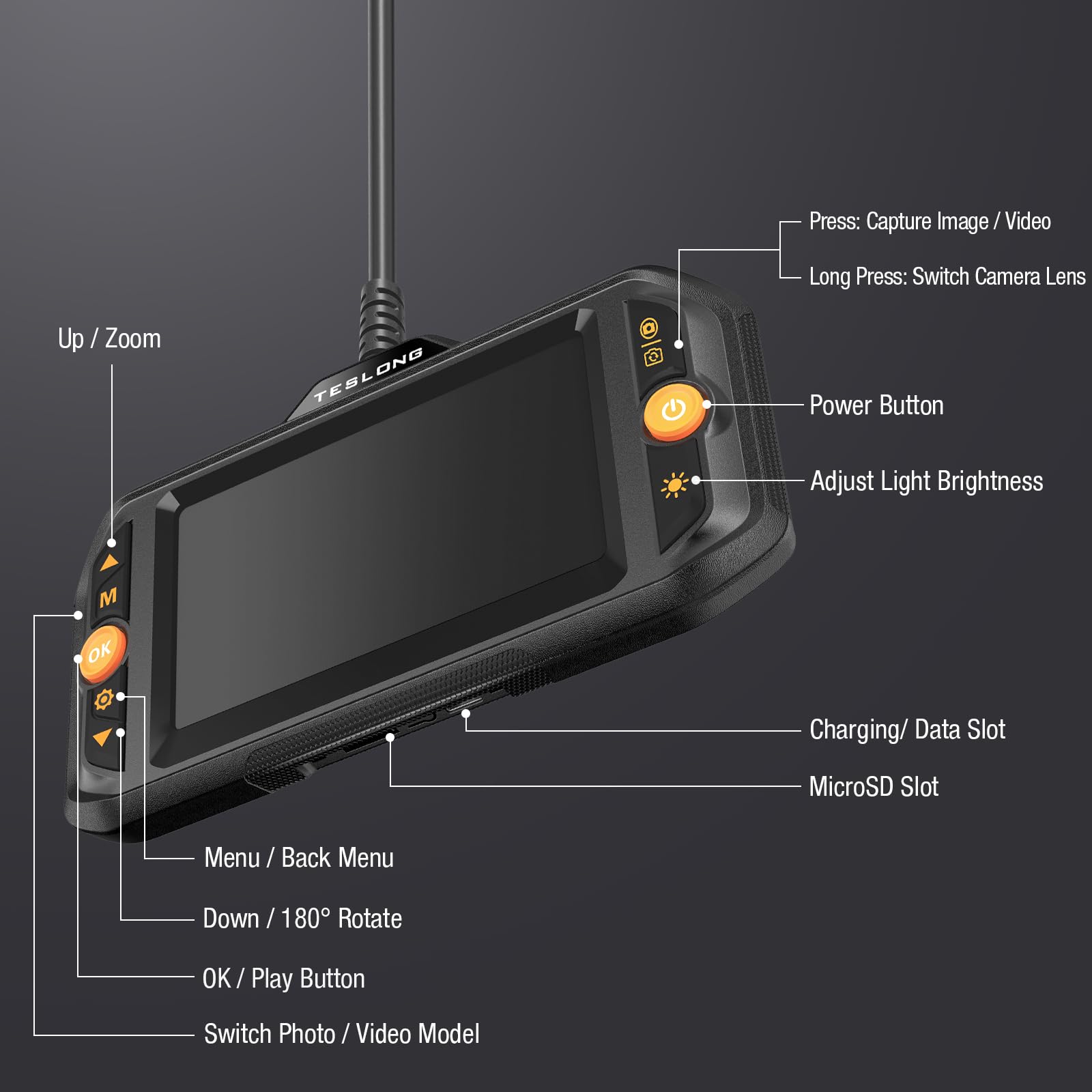 Dual Lens Endoscope Camera with LED Light - Teslong Flexible Borescope Inspection Camera with Monitor for Automotive, HVAC, Plumbing & Wall Inspection | Waterproof Snake Probe Camera with Fiber Optic Scope for Mechanics & Home Use