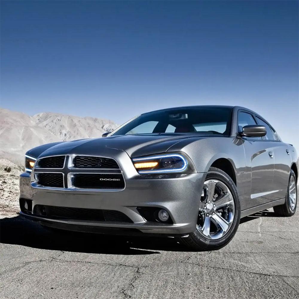 RGB LED Headlight Assembly with Dual Beam Projector - Compatible with 2011-2014 Dodge Charger (LD) - Black Housing - Upgrade for Night Driving & Car Customization