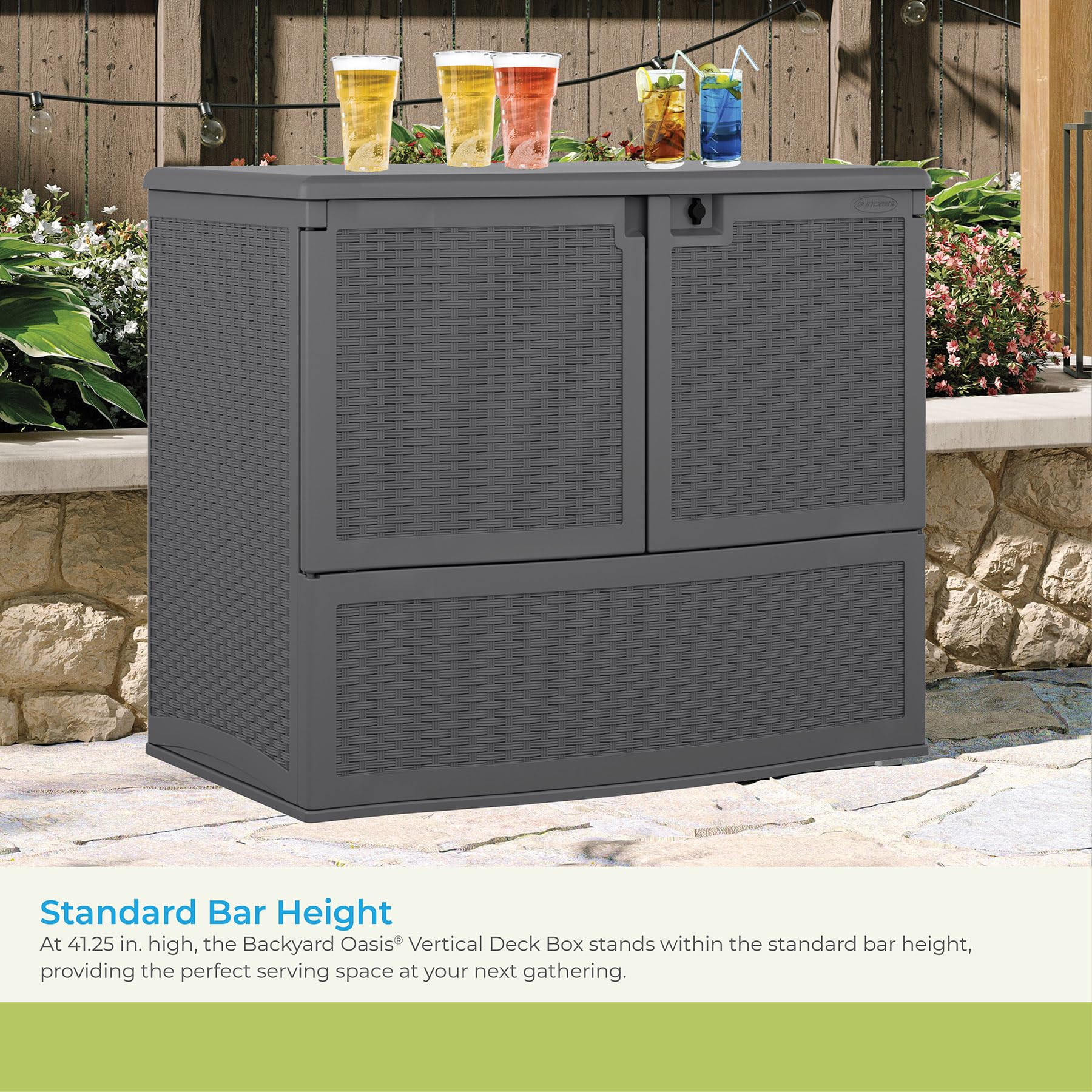 Suncast Backyard Oasis 195-Gallon Vertical Deck Storage Box - Outdoor Patio Furniture Cushion Organizer, Grill Tools & Pool Accessories Container - Cool Gray - Perfect for Deck, Porch & Backyard Organization