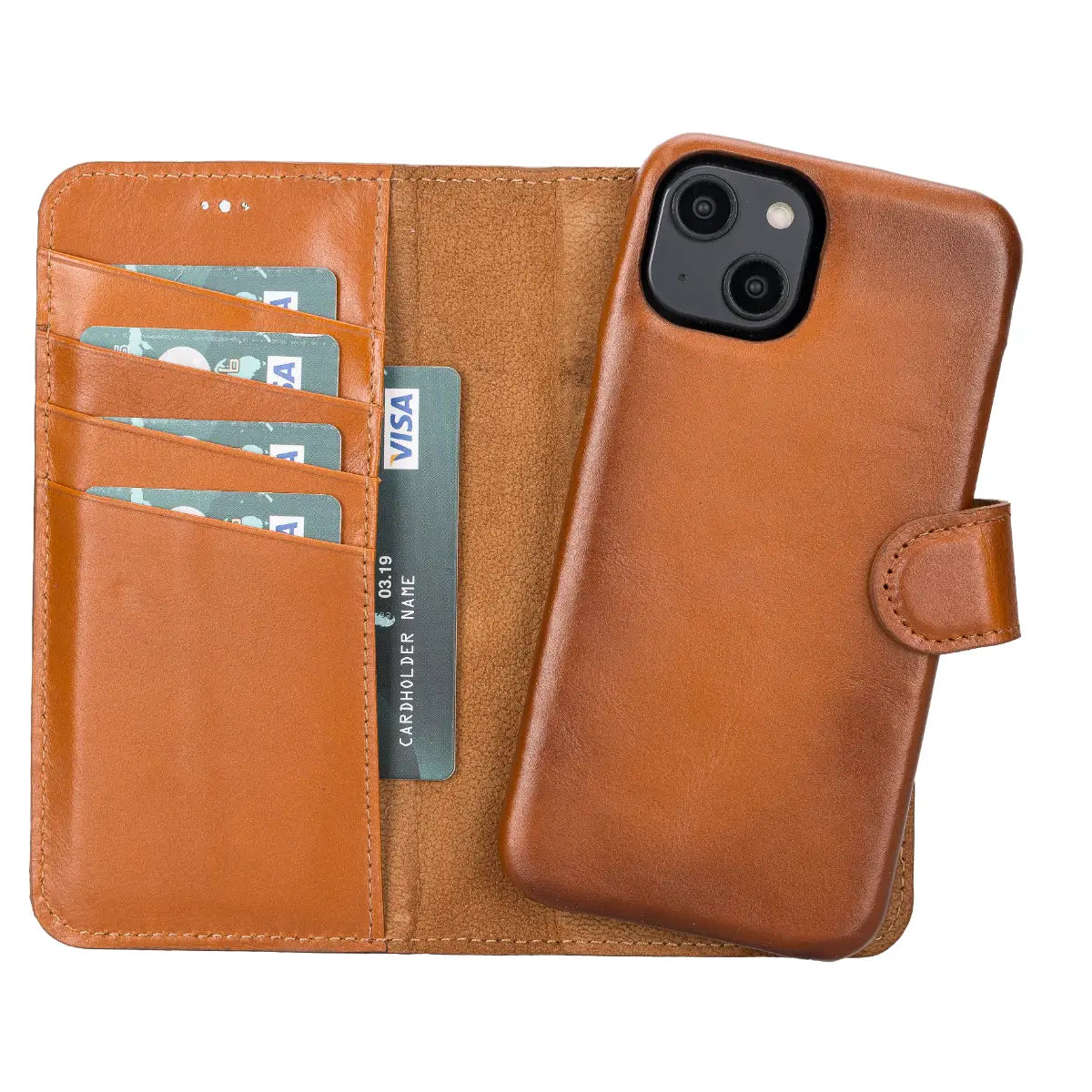 Premium Burnished Tan Leather Wallet Case for iPhone 14 - RFID Blocking & Card Slots - Perfect for Everyday Use, Travel & Business (iPhone 14 Case)