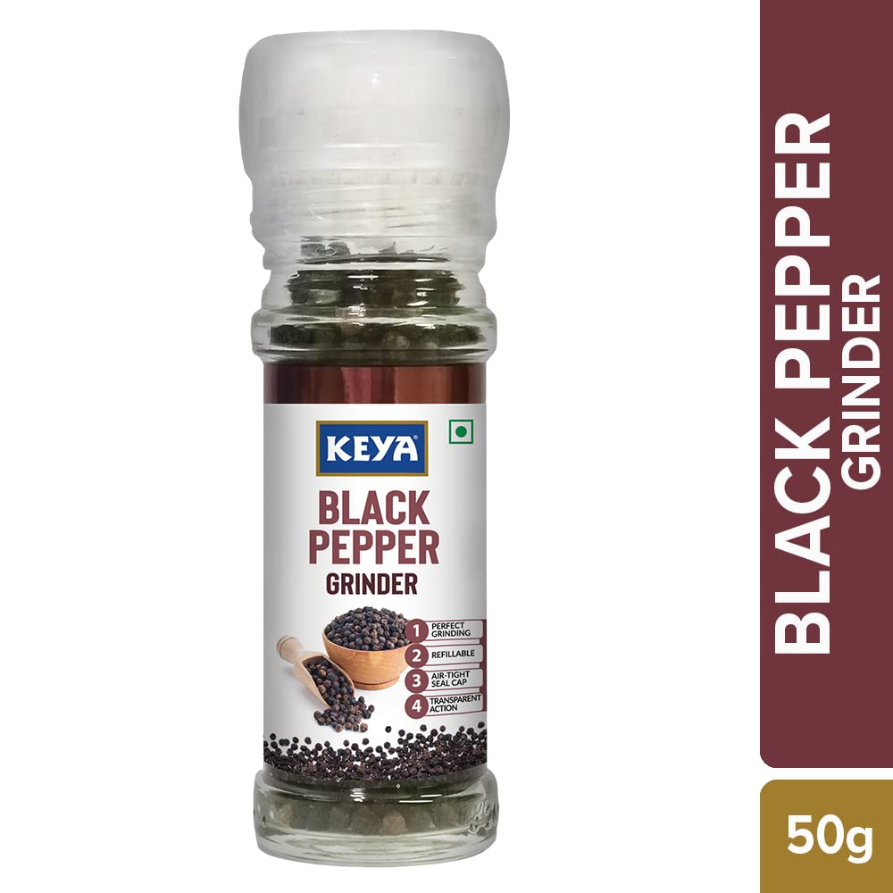 Premium Keya Black Pepper Grinder - 50g Fresh Kali Mirch | High-Quality Ground Black Pepper for Enhanced Flavor | Easy Twist-Top Design | Ideal for Cooking, Seasoning, Garnishing & Everyday Meals | Perfect for Steak, Pasta, Salads & Soups