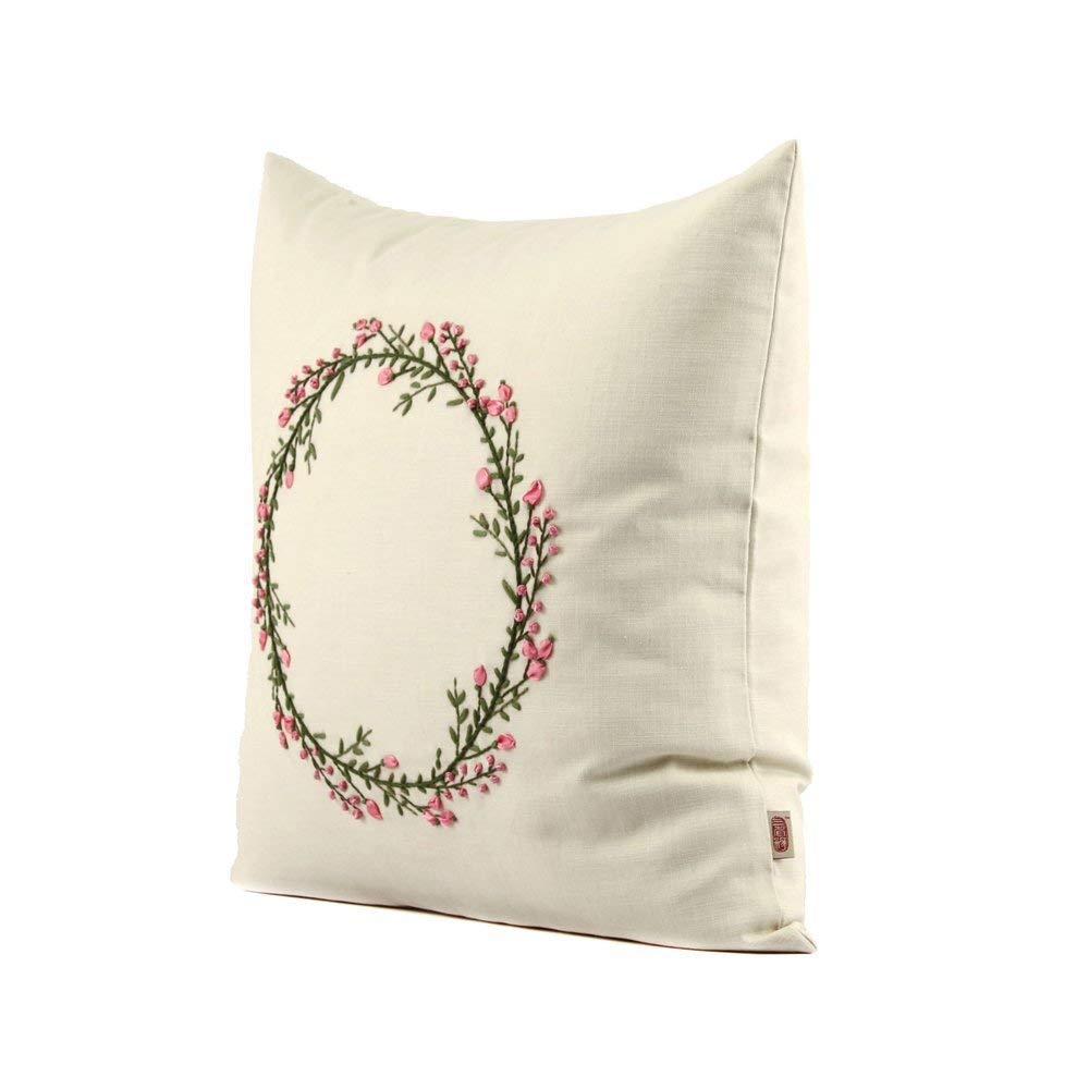 Farmhouse Ribbon Embroidery Wreath Throw Pillow Covers - 18x18 inches (45x45cm) Cotton Cushion Covers for Spring Summer Home Décor - Perfect for Sofa, Bedroom, and Porch Decorations