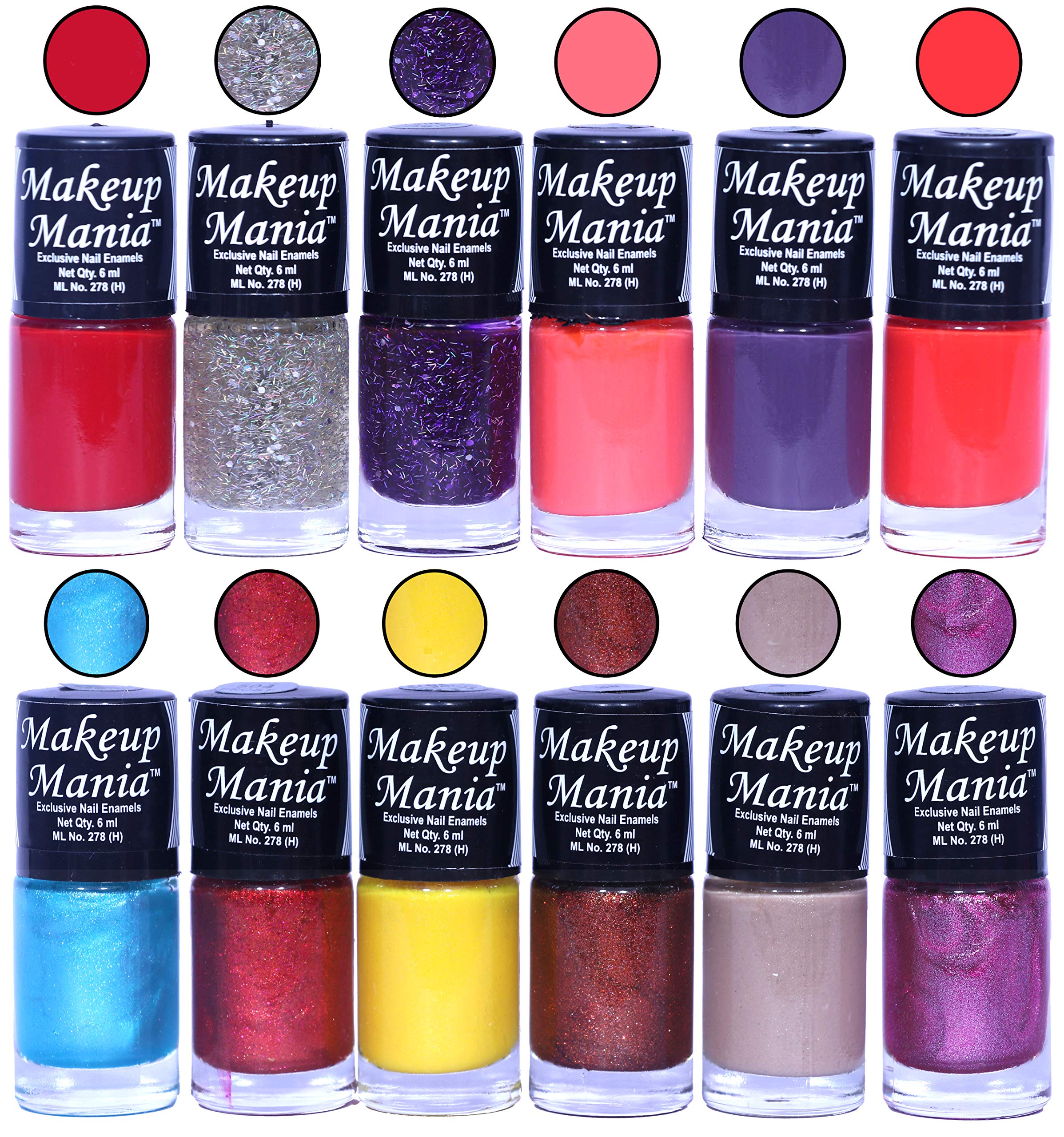Makeup Mania 12-Piece Nail Polish Set - 6ml Each, Vibrant Multicolor Combo (No.108) for Salon-Quality Manicures & Pedicures at Home