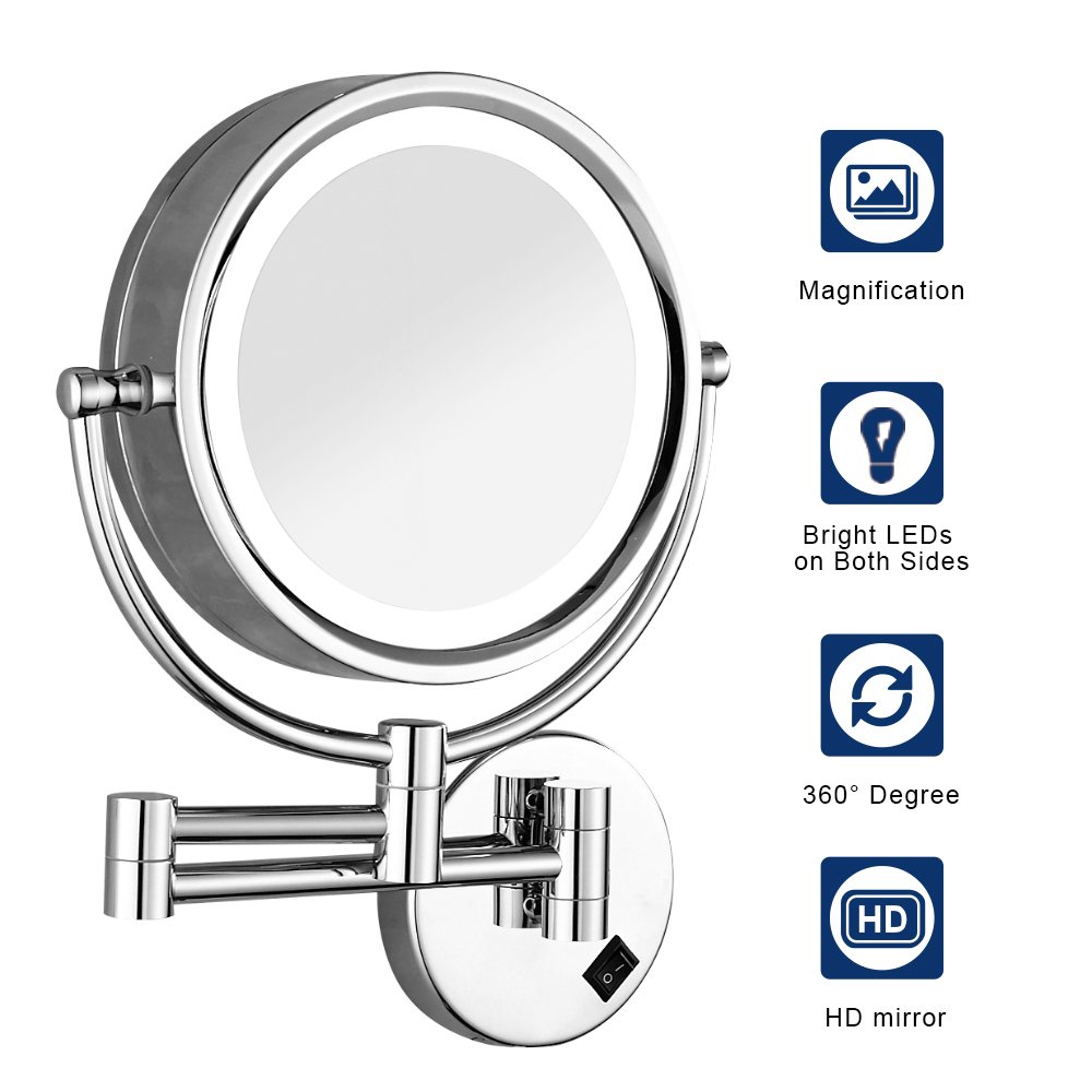 10X Magnification LED Lighted Wall Mount Makeup Mirror - 9 Inch Double Sided, 360° Swivel & 13 Inch Extension, Chrome Finish (Plug-in Power) - Perfect for Vanity, Bathroom & Professional Makeup Application