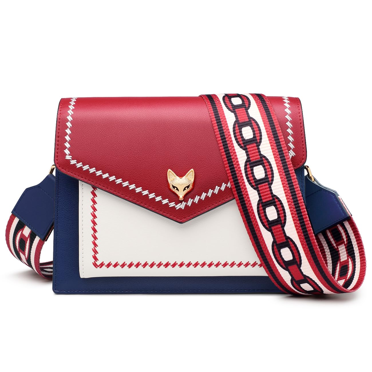 FOXLOVER Women's Embroidery Crossbody Bag - Medium Size Designer Leather Purse with Foxhead Metal Guitar Shoulder Strap - Perfect for Casual Outings, Travel & Music Festivals
