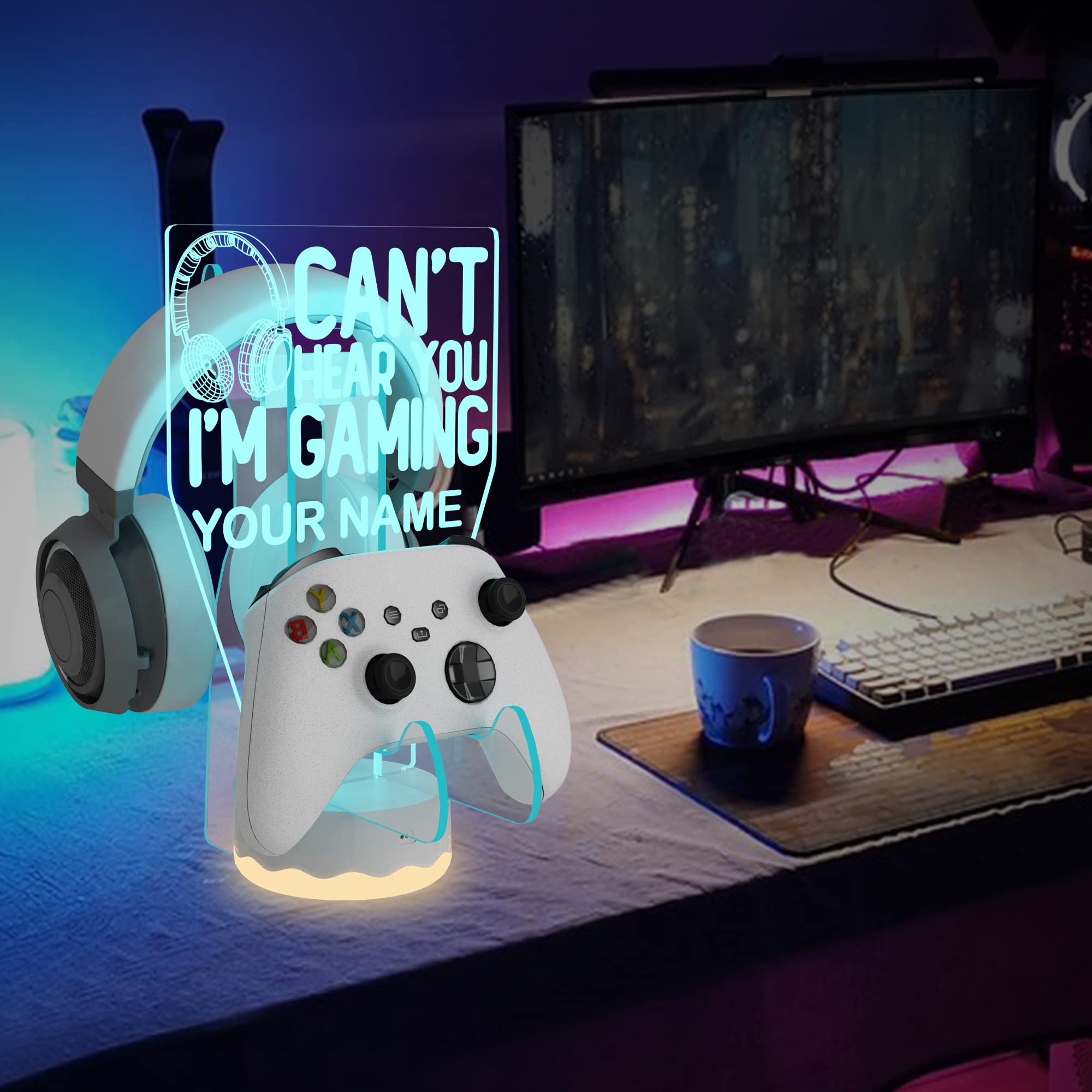 16-Color 3D LED Gaming Headphone Stand with Personalized Controller Holder - Universal Headset & Gamepad Hanger for Xbox, PS4, PS5, Nintendo Switch - Perfect for Gaming Setup & Desk Organization