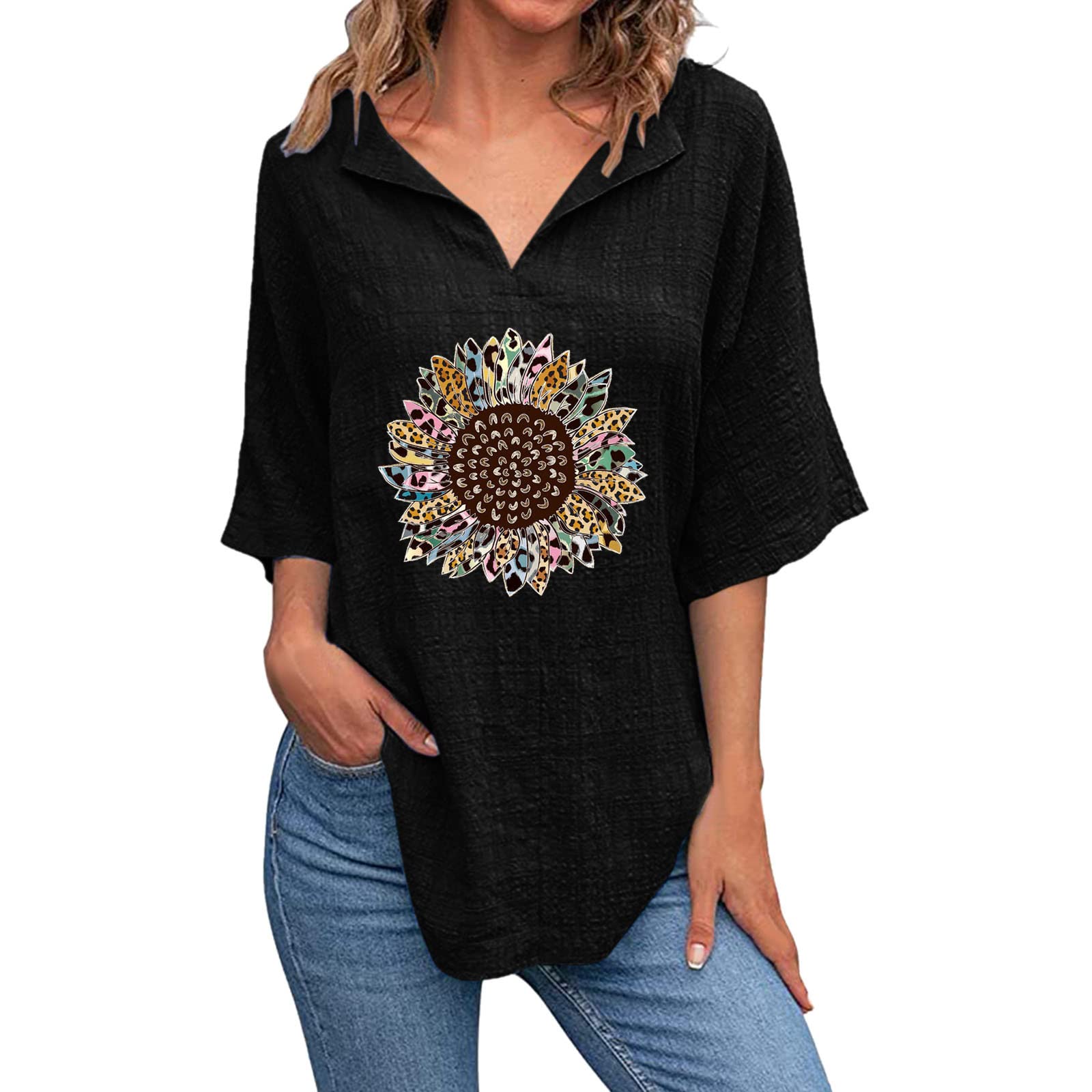 Women's Sunflower Print V-Neck Short Sleeve Cotton Linen Blouse - Summer Loose Fit Casual Tunic Top for Beach, Vacation & Everyday Wear