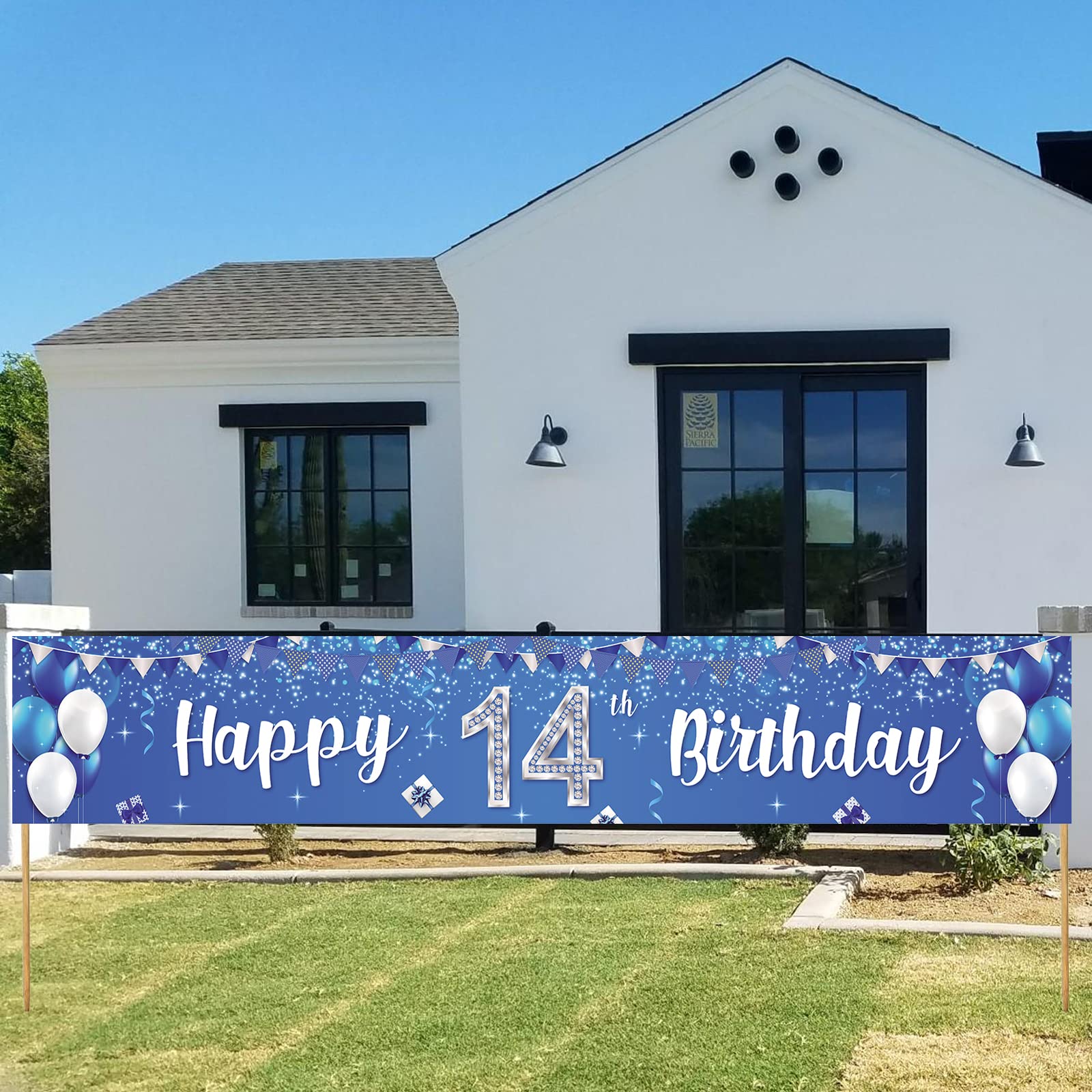 14th Birthday Party Decorations - Happy Birthday Banner, Balloons, Crystal Glittery Stars & Confetti Set for Boys & Girls | Silver & Blue Theme Backdrop | Perfect for 14th Birthday Celebrations, Milestone Parties & Teen Decor