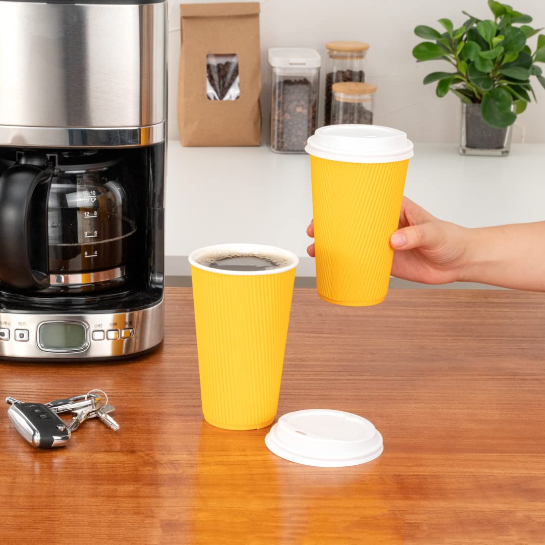16oz Insulated Coffee Cups with Lids - 200 Pack Leakproof Disposable Hot Drink Cups for Tea, Hot Chocolate & Lattes | Durable Ripple Wall Design, Non-Slip Yellow Paper Cups for Restaurants, Cafes & Office Break Rooms